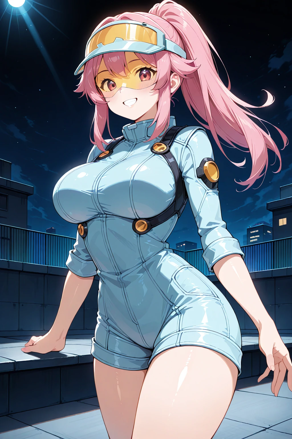 short jumpsuit, 1girl, solo, <lora:Short Jumpsuit Illustrious:0.6>, visor cap, hero, safety glasses, grin, rooftop, spotlight, night, sidelocks, looking at viewer, large breasts, light blue jumpsuit, pink hair, long hair