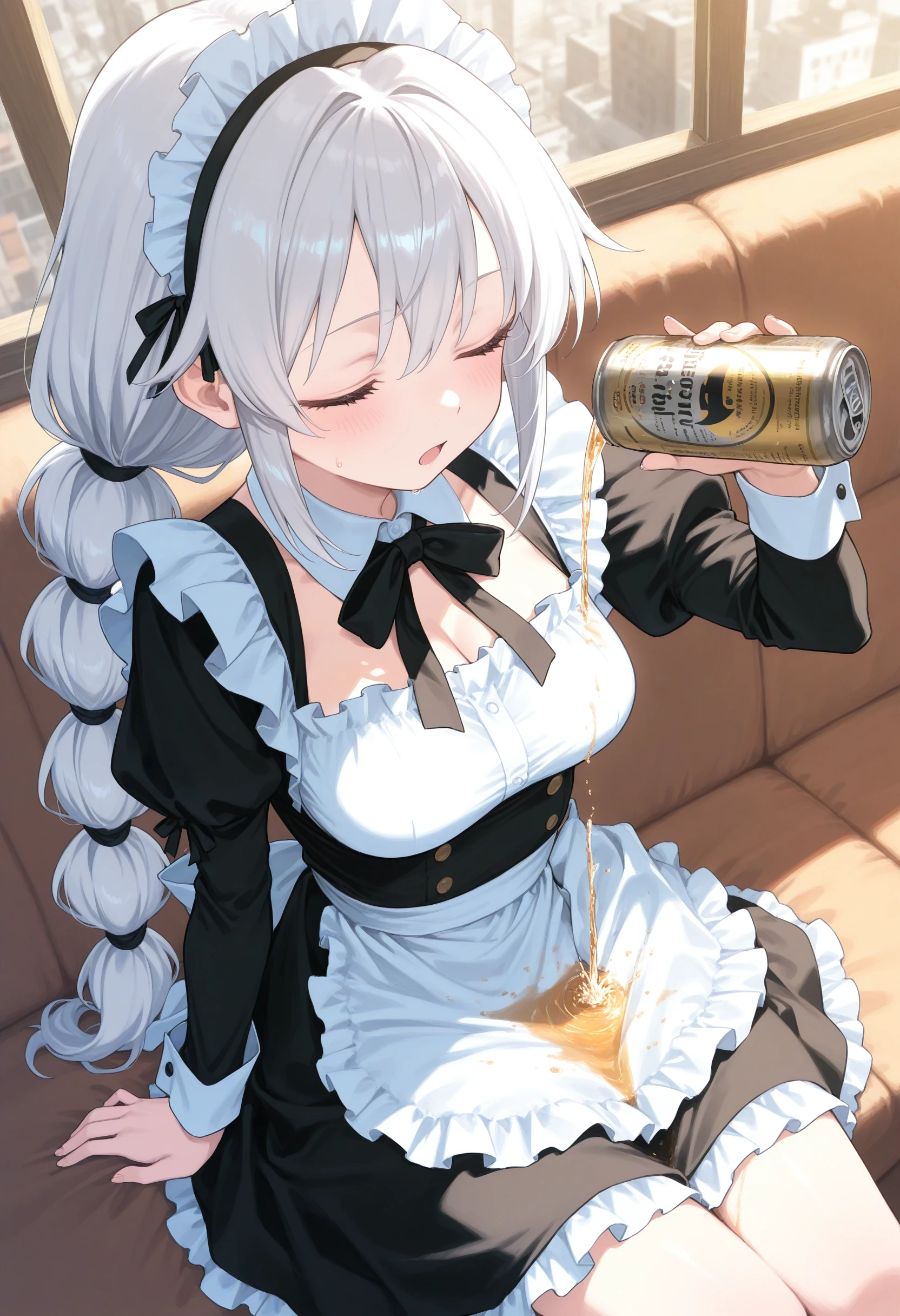 1girl,(sho \(sho lwlw\):0.7),(toosaka asagi:0.5),(sincos:0.3),solo,
masterpiece, best quality, newest, absurdres, CG, anime, source anime, illustration,
maid, maid headdress,medium breasts,
wakamezake, sitting, beer can , holding can,beer,pouring, pouring onto self, <lora:wakamezake_Illust_v1:0.8>
from above, fisheye lens, looking away, white hair, black eyes,closed eyes, street city, open mouth, multi-tied hair,