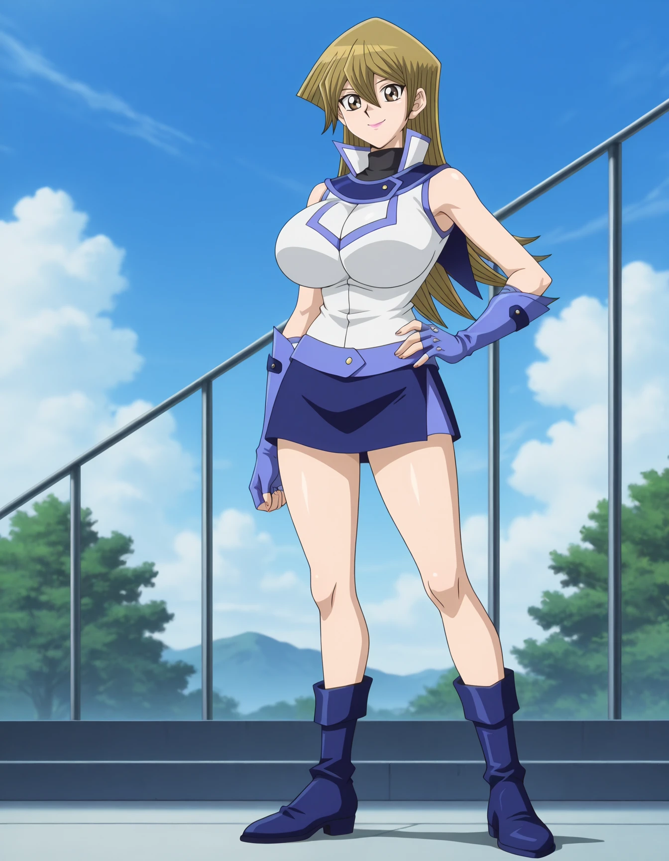 amazing quality,very aesthetic,absurdres,best quality,newest,masterpiece,4k resolution,1girl,solo,<lora:anime_screencap-Illustrious:1>,anime screencap,<lora:Asuka_Tenjoin_Noob_Lora:0.8>,AsukaT,1girl, solo, blonde hair, brown eyes, hair between eyes, long hair, huge breasts, pink lipstick, smile, cute anime eyes, duel academy uniform \(yu-gi-oh! gx\), hair between eyes, long hair, looking at viewer, shiny, shiny hair, sky, sleeveless, sleeveless shirt, turtleneck, blue skirt, gloves, fingerless gloves, one hand on hip, full body, blue boots,