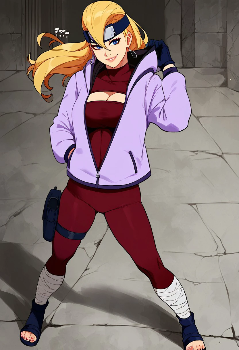 YodoBNNG, 1girl, solo, fair-skinned girl, blonde hair, long hair, unruly hair, hair between eyes, hair over one eye, large bang, forehead protector, dark blue eyes, lips, large breast, cleavage cutout, clothing cutout, hood, hoodie, jacket, half-unzipped hooded light purple jacket, dark red full-body suit, black gloves,  sandals, toeless footwear, earbuds, bandages around her ankles, bandages right thigh, makeup, thigh pouch,   
seductive pose, sexy pose, tease,  in the spotlight,,
smile,ruins,
score_9, score_8_up, score_7_up, beautiful aesthetic, very intricate, high quality details,vibrant, highly detailed, award-winning, professional,anime artwork, anime style, studio anime, athletic, curvy body, athletic girl, perky tits,large breast,perfect tits, round breasts, nipple outline,looking at viewer, pinup pose,teasing, dynamic lighting, cinematic, smug, better than you, aura of temptation, highly detailed, high resolution, masterpiece, detailed clothes, detailed background, highly detailed, ((sound effects)) comic layout,