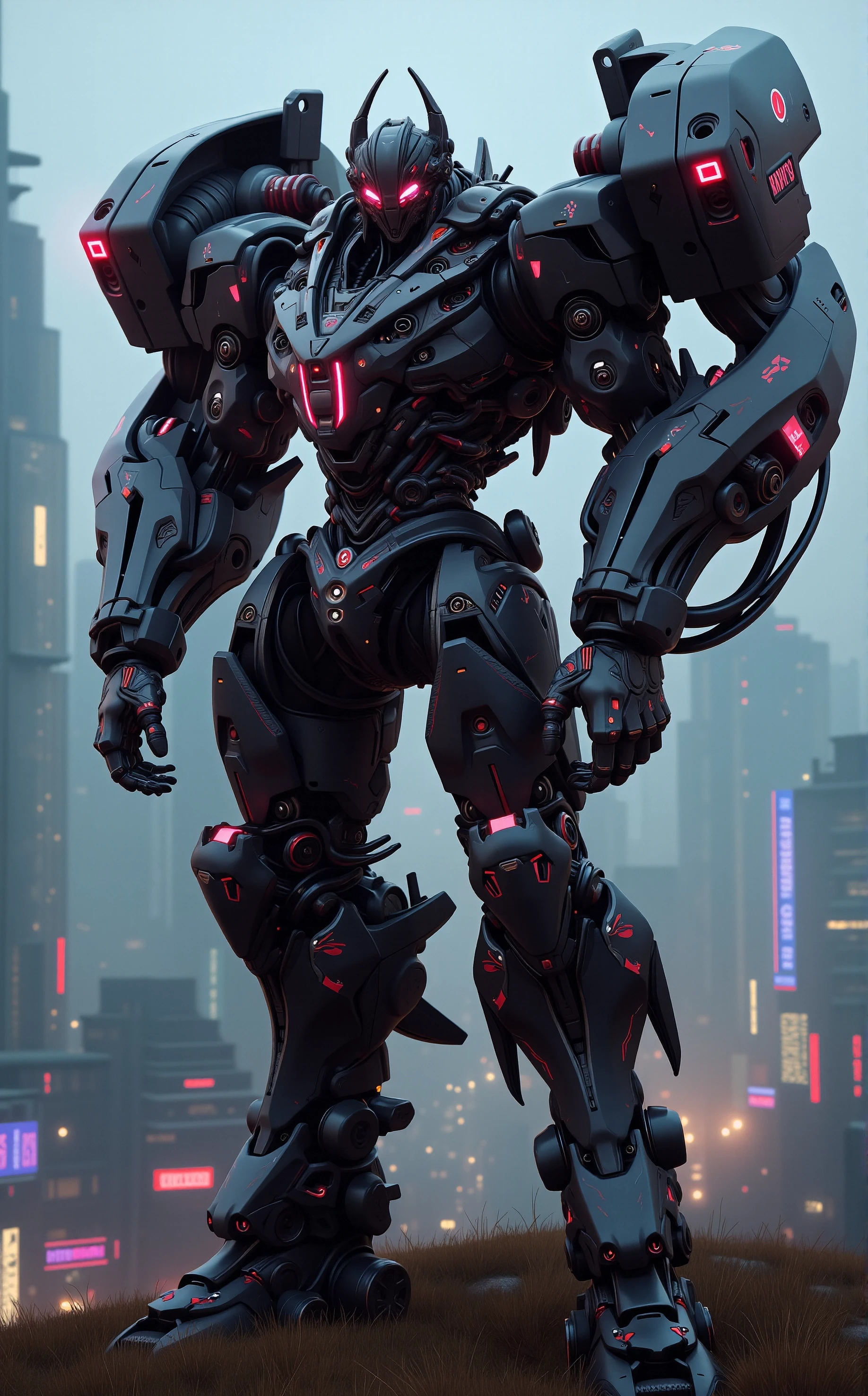 MechArmor, heavy mech, power armor, bulky, Off-center composition, half-body shot, a futuristic cyborg, sleak and elegant design, he is standing atop a grassy hill, in the valley a neon lights cyberpunk cityscape with tall buildings can be seen. The cyborg is made up of military dark and black metal, with intricate details and patterns. mood of the image is ominous and futuristic, cybernetic robot retro cyberpunk, 80's inspired, synthwave, neon, vibrant, detailed, retro futurism, android, machine, metal, tech, futuristic, highly detailed
