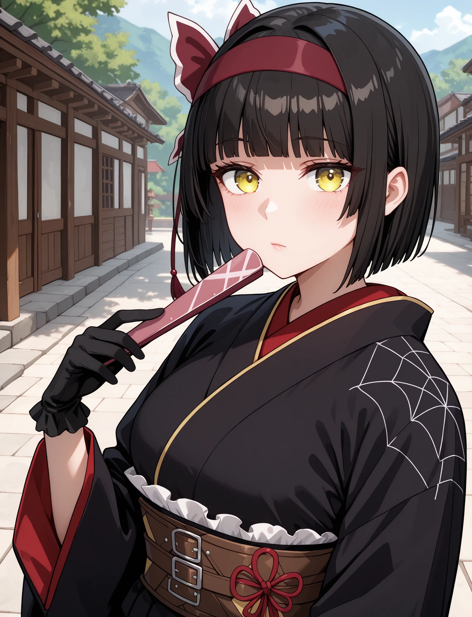 masterpiece, best quality, newest, absurdres, highres, 1girl, solo, <lora:MLF-Mio_ILL_epoch_12:1> 
mio-mlf, black hair, short hair, blunt bangs, bob cut, bangs, yellow eyes, 
japanese clothes, kimono, bow, black gloves, 
folding fan, outdoors,