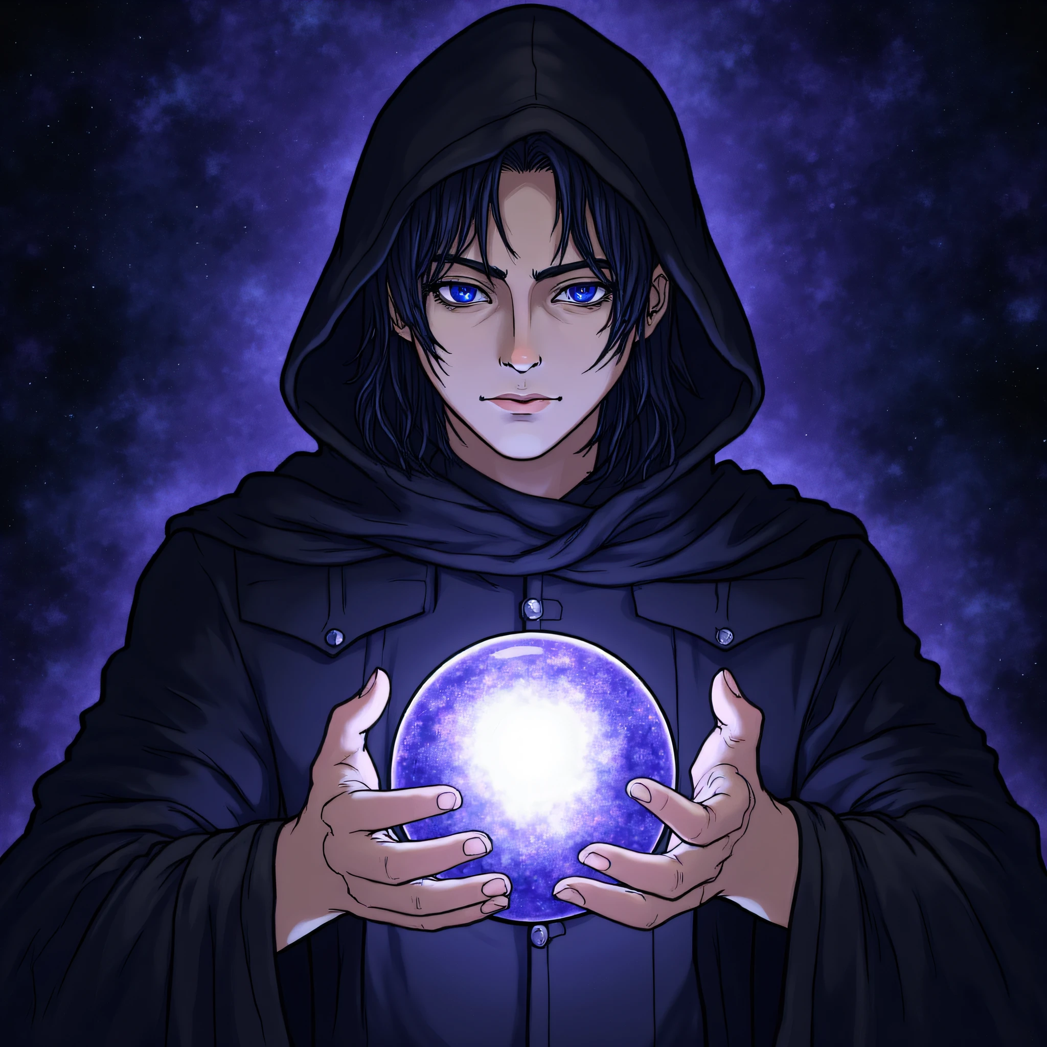 ArsMJStyle, Moonlit Minimalism, The image is a portrait of a young man wearing a black hooded cloak with a hood that covers his head. He is holding a crystal ball in his hands and appears to be in the process of casting it into the air. The man has long dark hair and is looking directly at the camera with a serious expression on his face. The background is dark and filled with stars and nebula giving the impression of a mystical and mystical atmosphere. The colors are vibrant and the overall mood of the image is intense and powerful., 1girl, solo, hood, blue eyes, black hair, looking at viewer, hood up, robe, upper body, realistic