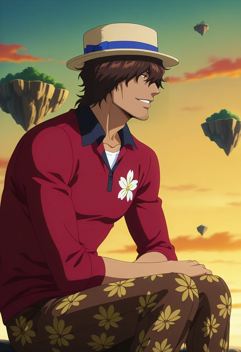 masterpiece, best quality, intricate details, anime screencap, anime coloring, official style, , , 1boy, solo, male focus, <lora:yasutora_sado_ilxl:1>, yasutora_sado, brown hair, brown eyes, short hair, , facial hair, stubble, hair over eyes, profile, floating island, noon, knees together feet apart, half-closed eyes, smile, Paisley Khaki pants, CherryRed Batik Taffeta Performance polo, , Boater hat,