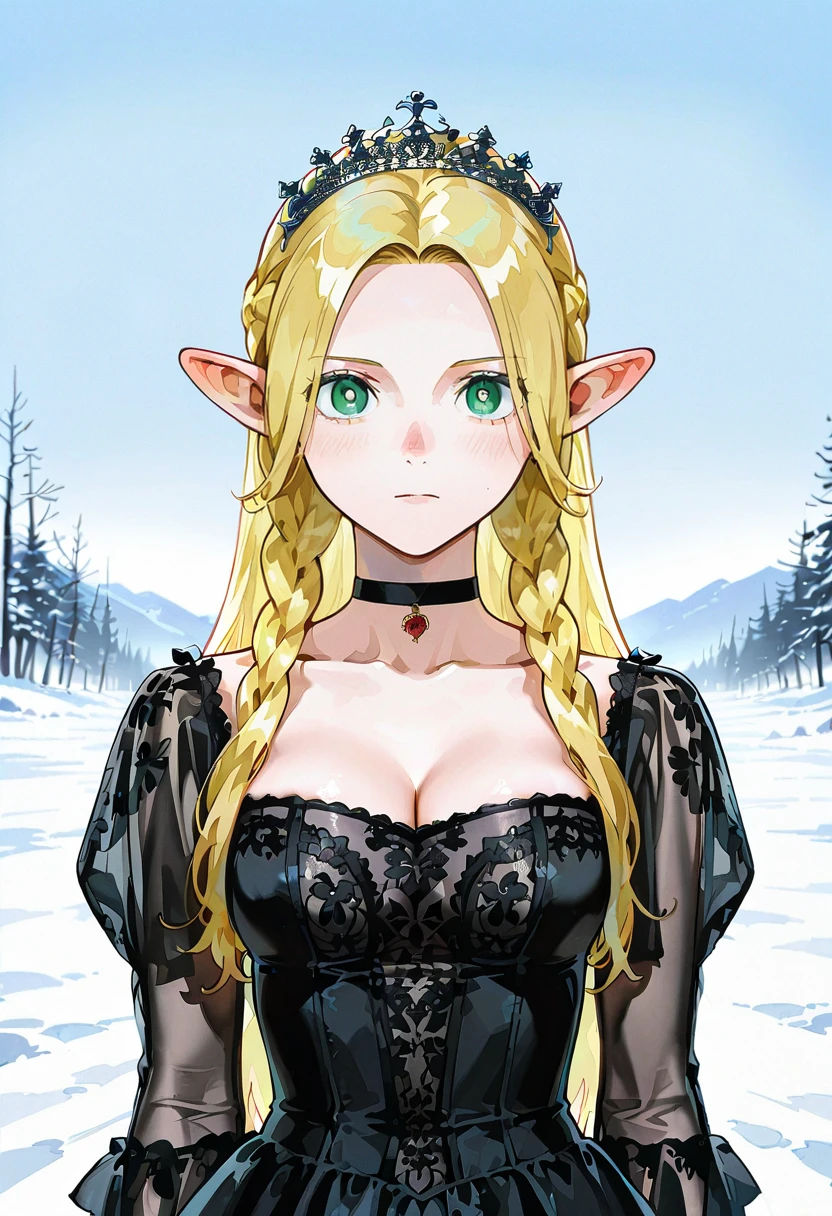 1girl,solo,looking at viewer,ikeda ruriko,sg dress, see-though, choker,black dress, crown, marcille_donato,snow,