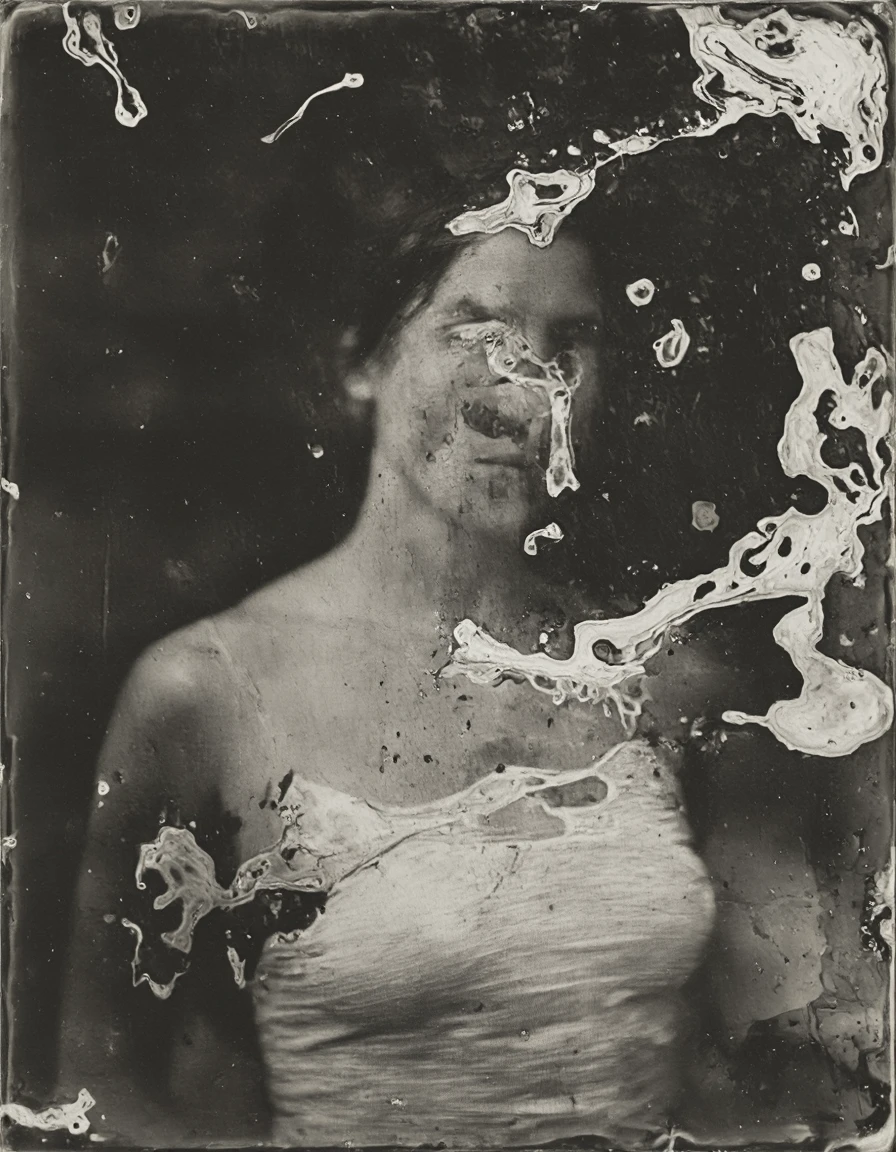 wetplatecollodion photo of woman wearing bodycon dress,
border, swirls, washed out, textured, smears, muted colors