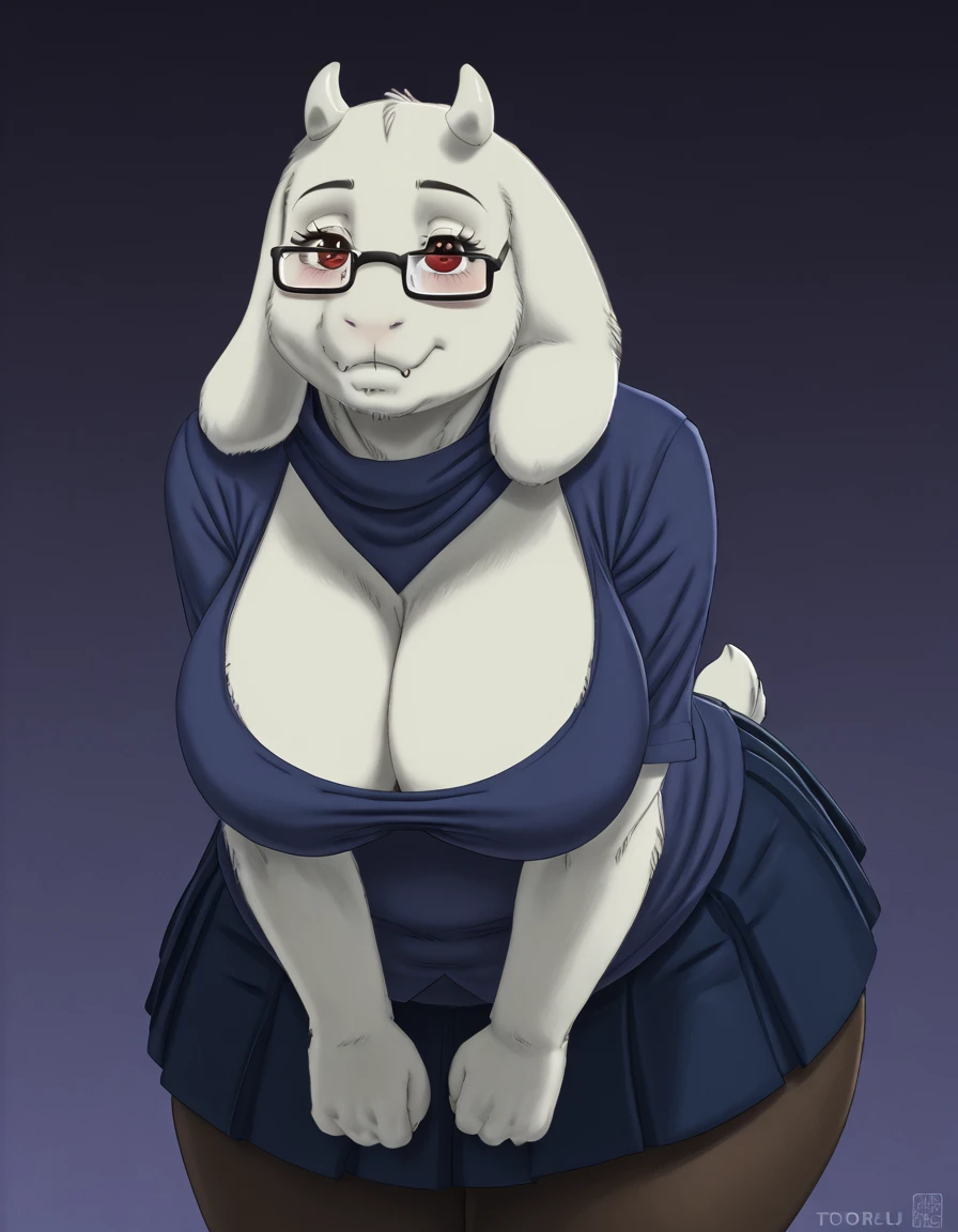 [toriel], [Undertale], [Uploaded to e621.net; (Pixelsketcher), (wamudraws), (woolrool)], ((masterpiece)), ((HD)), ((high quality)), ((solo portrait)), ((front view)), ((feet visible)), ((furry; anthro)), ((detailed fur)), ((detailed shading)), ((beautiful render art)), ((intricate details)), {anthro goat; white fur, white nose, (cute maroon eyes), (short eyelashes), (short goat horn), short fluffy tail, (big ), (gorgeous wide hips), (thick thighs), (kenket), (open mouth, blush, glasses), (frown)}, {(blue navy bra, blue navy panties), (roarview, close up view), (white rune on chest)}, {(standing)), (arms at side), (looking at viewer)}, [background; (bedroom), (flames), (ambient lighting)]
