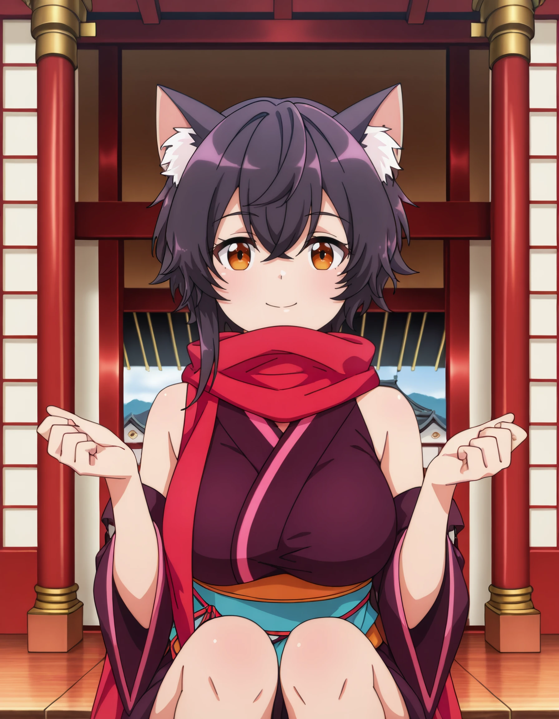 <lora:origa_calmeria_il:1> origa_calmeria, short_hair, black_hair, cat_ears, animal_ear_fluff, hair_between_eyes, brown_eyes, orange_eyes, japanese_clothes, red_scarf, kimono, sash, 1girl, architecture, bare_shoulders, breasts, closed_mouth, east_asian_architecture, hands_up, knees, large_breasts, looking_at_viewer, patterned_clothing, single_sidelock, sitting, smile, solo, upper_body, observatory, Sofmap_background, masterpiece, detailed, best_quality