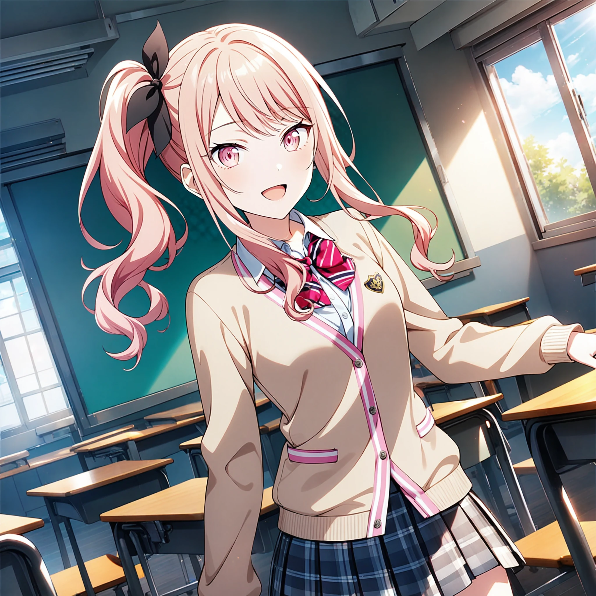 1girl, akiyama mizuki, project sekai, solo, masterpiece, very aesthetic, absurdres, official art,
kamikou blazer, solo, pink long hair, side ponytail, pink eyes, sidelocks, bangs,
(looking at viewer:1.2), :D, cowboy shot, contrapposto, dutch angle, BREAK
beige cardigan, (buttoned cardigan:1.2), pink trim cardigan, light pink shirt, plaid skirt, red diagonal-striped bowtie, red hair ribbon,
indoors, school classroom, day, sun light, beautiful blue sky, chair, desk,
<lora:sdxl-vbs-SeifukuAn03:0.3:lbw=0,0,0.2,0.2,0,0.4,0.4,0,0.8,0.8,0,0,0,0.8,0.8,0.6,0.8,0.0,0.0,0.0,0,0,0,0,0,0>