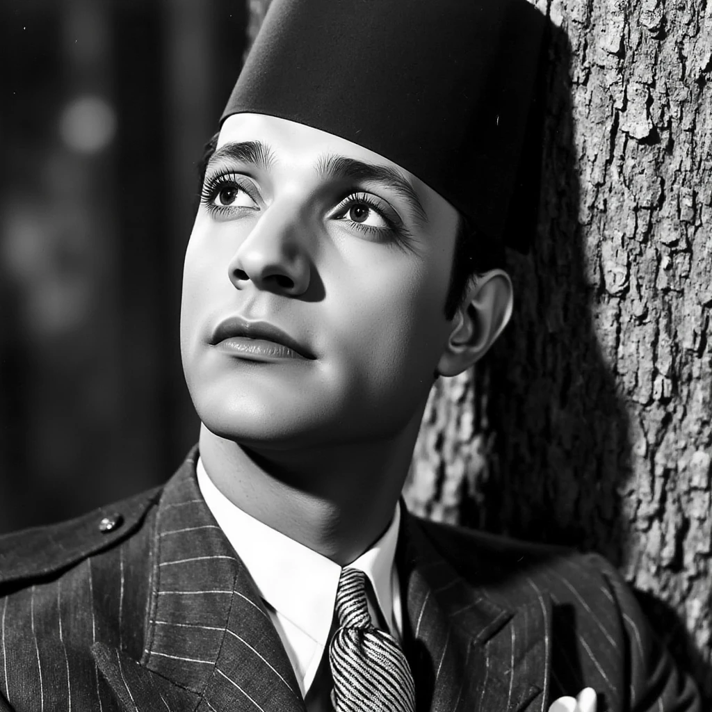 <lora:Mohammed Abdel Wahab v1:1>
1930's Mohammed Abdel Wahab a young sad teary eyes crying man in a suit and tie and fez tarboosh hat leaning against a tree, Mehammad Abdelwehab style, solo, short hair, shirt, hat, jacket, upper body, monochrome, greyscale, necktie, collared shirt, tears, formal, crying, suit, wing collar, crying with eyes open, striped necktie, striped, looking up