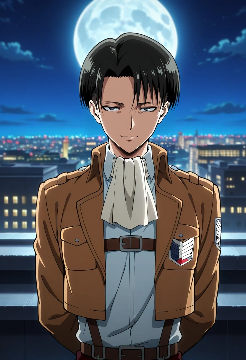 masterpiece, best quality, intricate details, anime screencap, anime coloring, official style, looking at viewer, depth of field, 1boy, solo, male focus, <lora:levi_ackerman_ilxl:0.92>, levi_ackerman, black hair, black eyes, short hair, curtained hair, paradis military uniform, ascot, , rule of thirds, city, city lights, night, full moon, arms behind back, seductive smile,