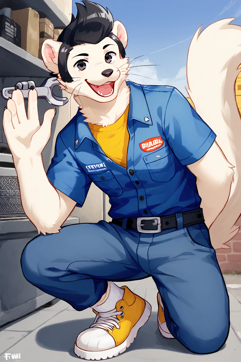 DarnellFetzervalve, ferret boy, furry male, white fur, black hair, pompadour, black eyes, animal ears, black eyes, whiskers, ferret tail, solo, 1boy, blue jumpsuit, short sleeves, breast pocket, yellow undershirt, blue pants, black belt, silver belt buckle, red cloth, yellow shoes, white socks, waving at viewer, looking at viewer, smiling, open mouth, holding wrench, garage background, detailed background, Expressiveh