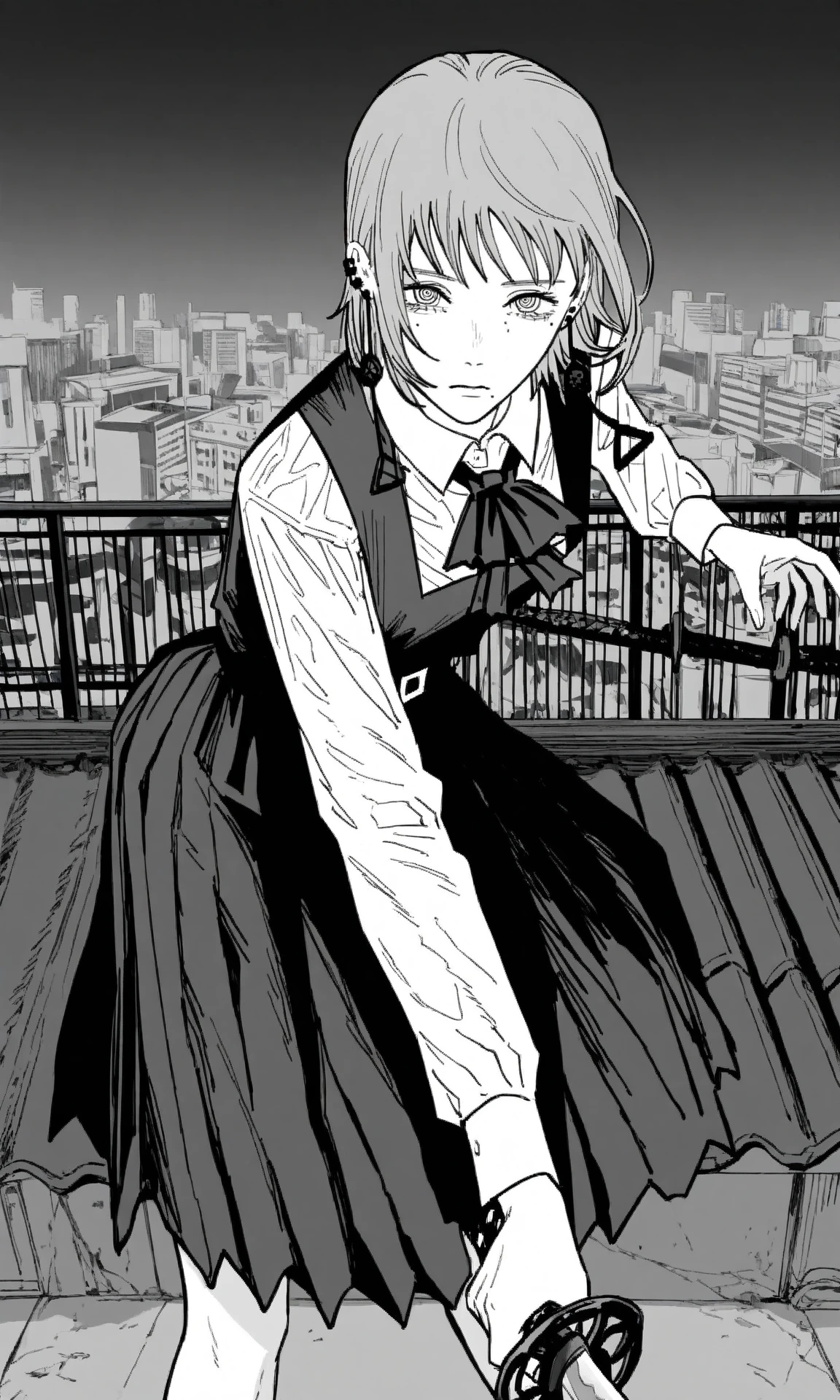 monochrome, greyscale, fami \(chainsaw man\), 1girl, short hair, tassel earrings, ringed eyes, goodearrings, head tilt, ear piercing, pinafore dress, school uniform, serious, collared shirt, neck ribbon, sleeveless dress, holding sword, looking at viewer, leaning forward, fighting, katana, rooftop, wind, city, cowboy shot, (skinny:0.5), (masterpiece, best quality, very awa:1.0), recent, year 2024