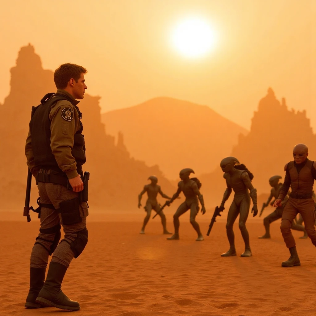 Cameron Mitchell and the SG-1 team in a tense standoff with alien soldiers. The scene is set in a desert with towering sand dunes and a scorching sun overhead. Mitchell is leading the charge, strategizing with his team as they prepare for a critical battle.