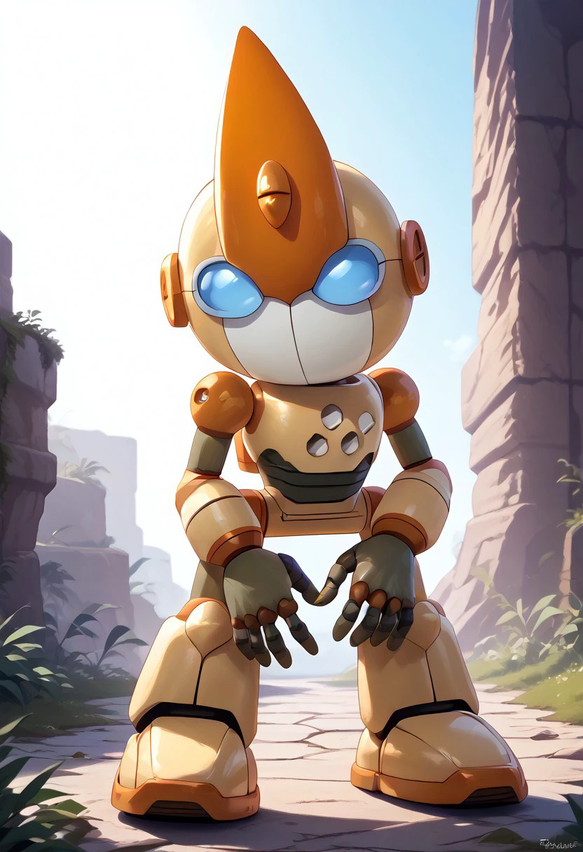 score_9, score_8_up, score_7_up, (best quality:1.1), ultra-detailed, high resolution, 8k, Emerl, yellow robot, yellow metal skin, light blue eyes, orange horn with a concealed blue gem, brown joints, skinny, BREAK outside, Rich, Detailed background, ambient light