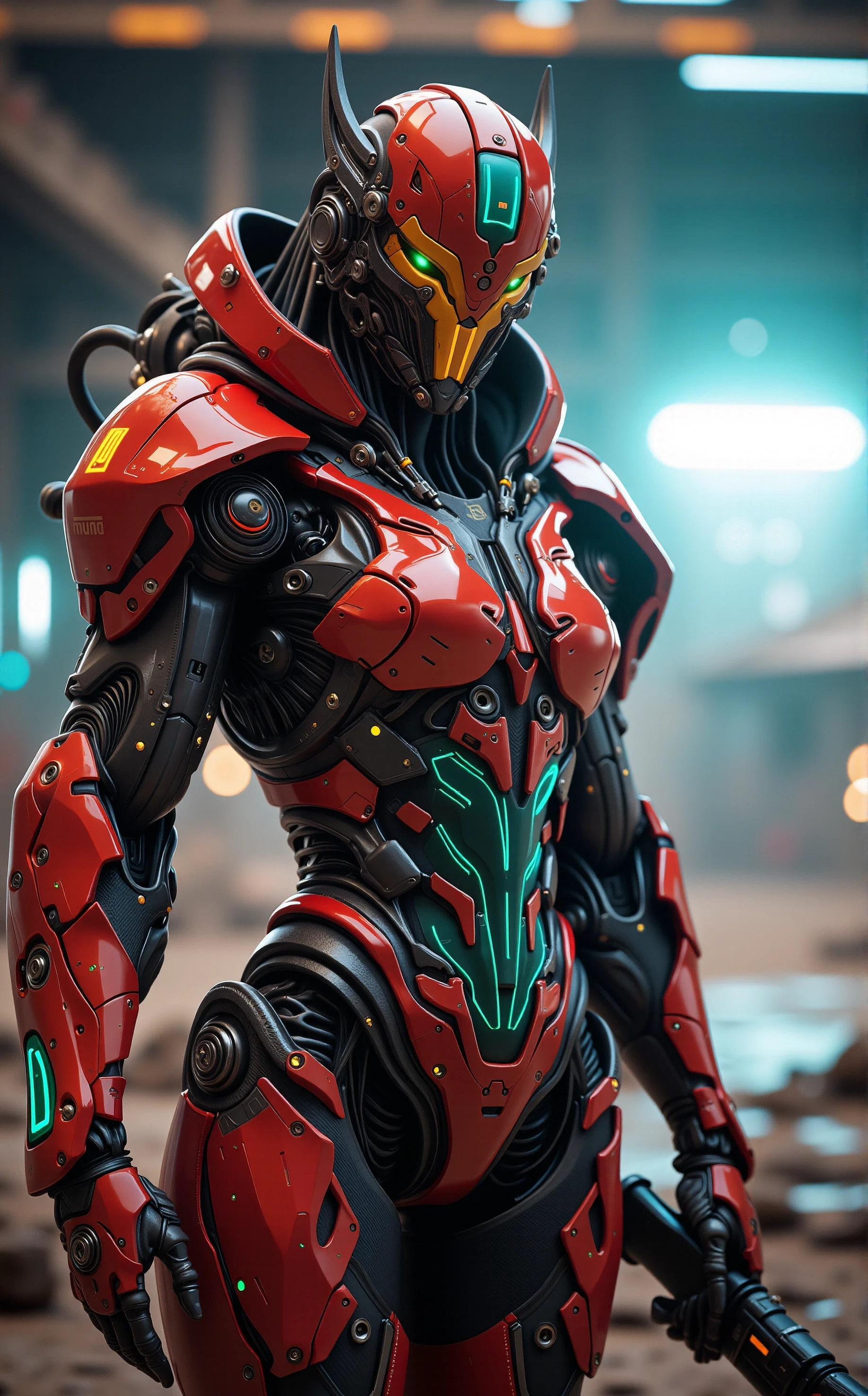 MechArmor, heavy mech, power armor, bulky, Rina Daelis is a 32 year old fierce warrior, medium build, dark hair, green eyes, longsword, magic, versatile., Synth-Leather Tactical Suit, A futuristic bodysuit made from flexible synth-leather, designed for urban operatives. Its glossy surface reflects neon lights, and the geometric patterns etched into the suit are actually concealed micro-wiring, connecting to cybernetic enhancements. Segmented carbon-fiber panels reinforce the shoulders, chest, and forearms, offering resistance to ballistics while maintaining a streamlined aesthetic, On a Lunar Colony Overlooking Earth: The colony's domes shimmer beneath the distant glow of Earth. The landscape is a stark, grey desert, dotted with communication towers and mining rigs. The glass walls of the domes offer a breathtaking view of the distant blue planet, and small rovers trundle across the surface, leaving faint tracks in the moon dust., Off-center composition, extreme close-up on facial detail, Crimson Red, Teal, Yellow, Exotic Demonic Overlord in Exotic Exosuit, cybernetic robot retro cyberpunk, 80's inspired, synthwave, neon, vibrant, detailed, retro futurism, android, machine, metal, tech, futuristic, highly detailed