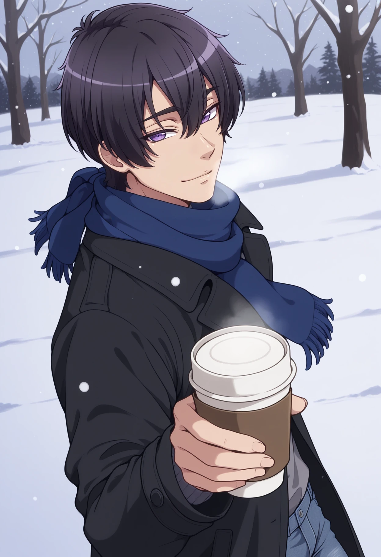 masterpiece, best quality, 1boy, solo, <lora:NSIchijoRyomaLoveStage:1> NSIchijoLuvStaig, black hair, purple eyes, hair between eyes, black coat, blue scarf, jeans, outdoors, snow, snowing, light smile, incoming drink, foreshortening, from side, looking at the viewer, coffee