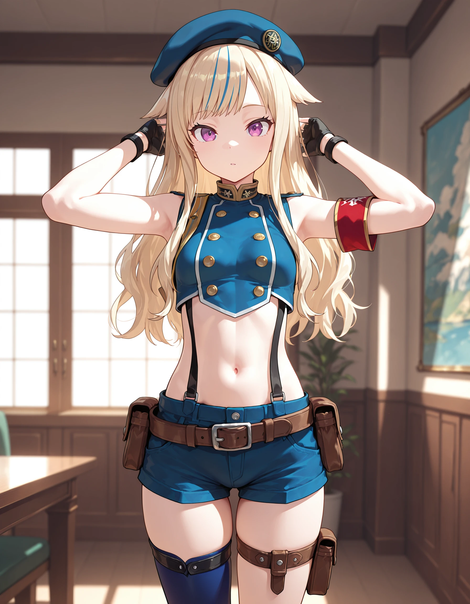 masterpiece, best quality, amazing quality,1girl, solo, cowboy shot, indoors, standing, arms wide,
<lora:suzukihina_illustrious:1> suzuki hina, blonde hair, long hair, streaked hair, hair flaps, purple eyes, skinny, small breasts, , hat, beret, blue thighhighs, blue crop top, fingerless gloves, midriff, single thighhigh, sleeveless, suspender shorts, thigh straps, belt, pouch, single armband, boots,