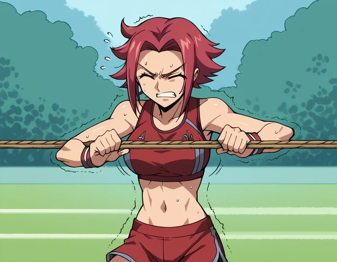 score_9, score_8_up, score_7_up, source_anime, <lora:kallen-stadtfeld-s1-ponyxl-lora-nochekaiser:1>, kallen stadtfeld, red hair, short hair, large breasts,, <lora:tug-of-war-ponyxl-lora-nochekaiser:1>, tug of war, flying sweatdrops, pulling, outdoors, rope, struggling, trembling, teeth, sweat, closed eyes, , sports bra, sportswear, midriff, navel, shorts, solo,