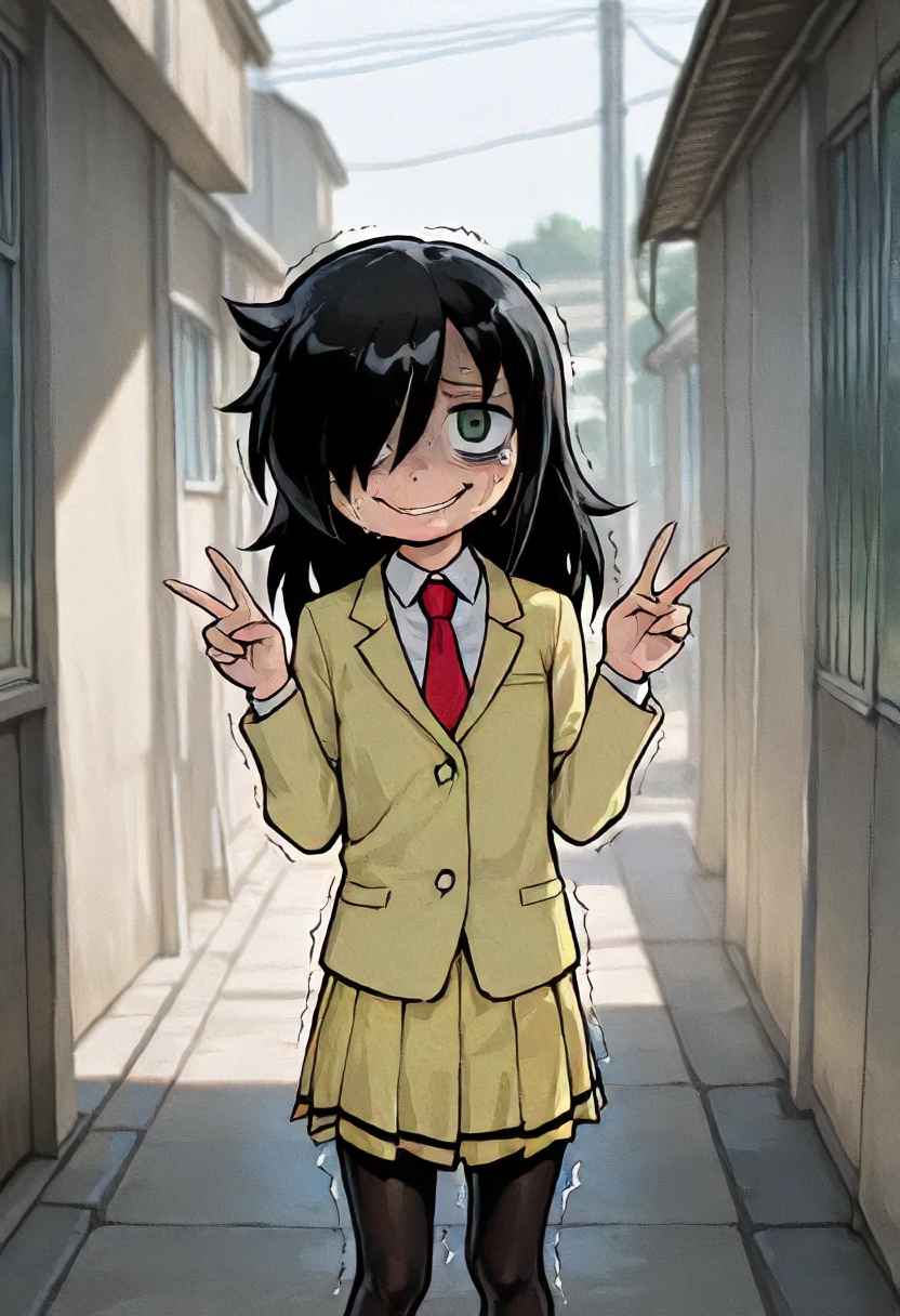 masterpiece, best quality, amazing quality, very aesthetic, absurdres, newest, scenery, WindWakerStyle, 1girl, Kuroki Tomoko, HAIR OVER ONE EYE, BAGS UNDER EYES, BLACK HAIR, SCHOOL UNIFORM, BLACK PANTYHOSE, RED NECKTIE, YELLOW SKIRT, PLEATED SKIRT,YELLOW JACKET, (nervous face:1.2), forced smile, v, double v, (shaking:1.2), japanese alleyway background, detailed background