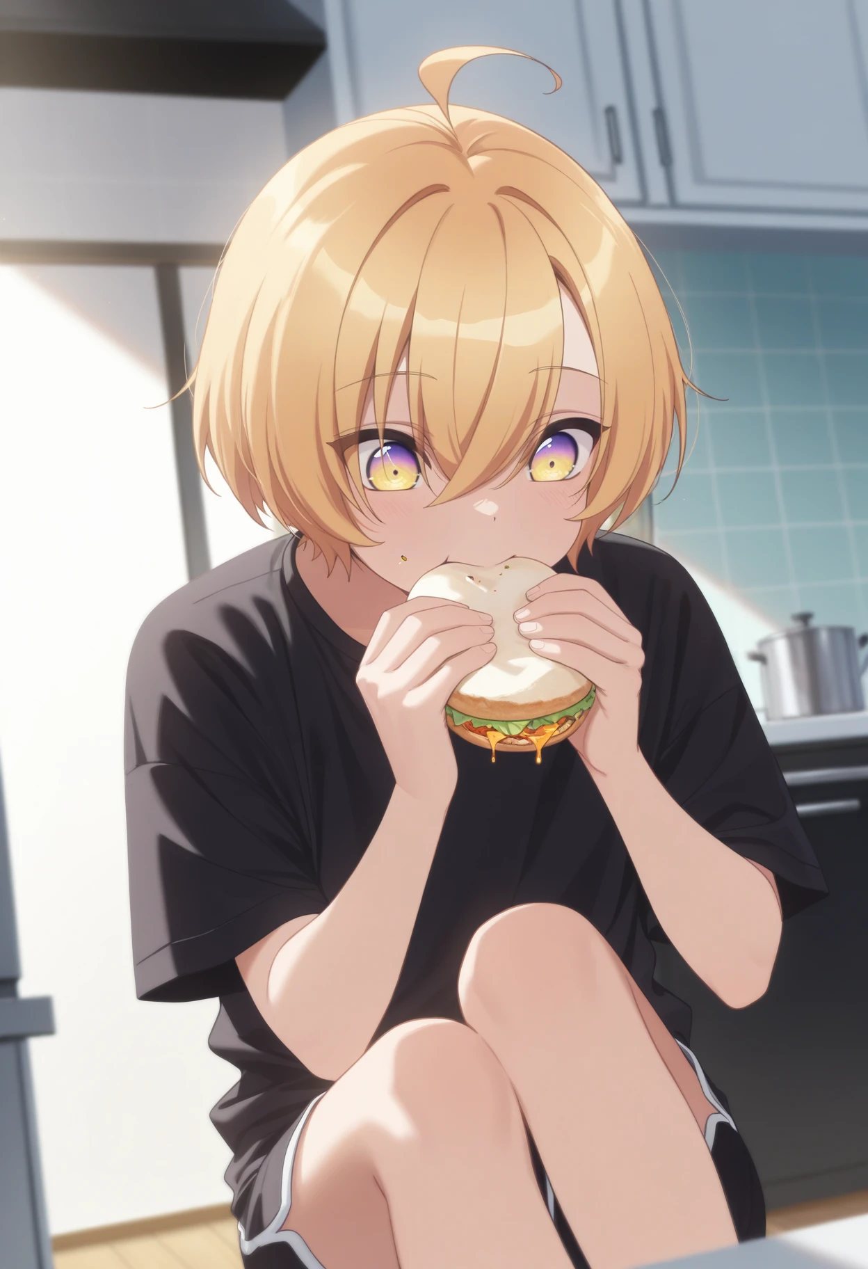 masterpiece, best quality, <lora:NSIzumiSenaLoveStage:1>1boy, NSIzumiMisc, multicolored eyes, yellow eyes, purple eyes, blonde hair, long bangs, short hair, ahoge, black t-shirt, black shorts, sitting, eating, kitchen, indoors