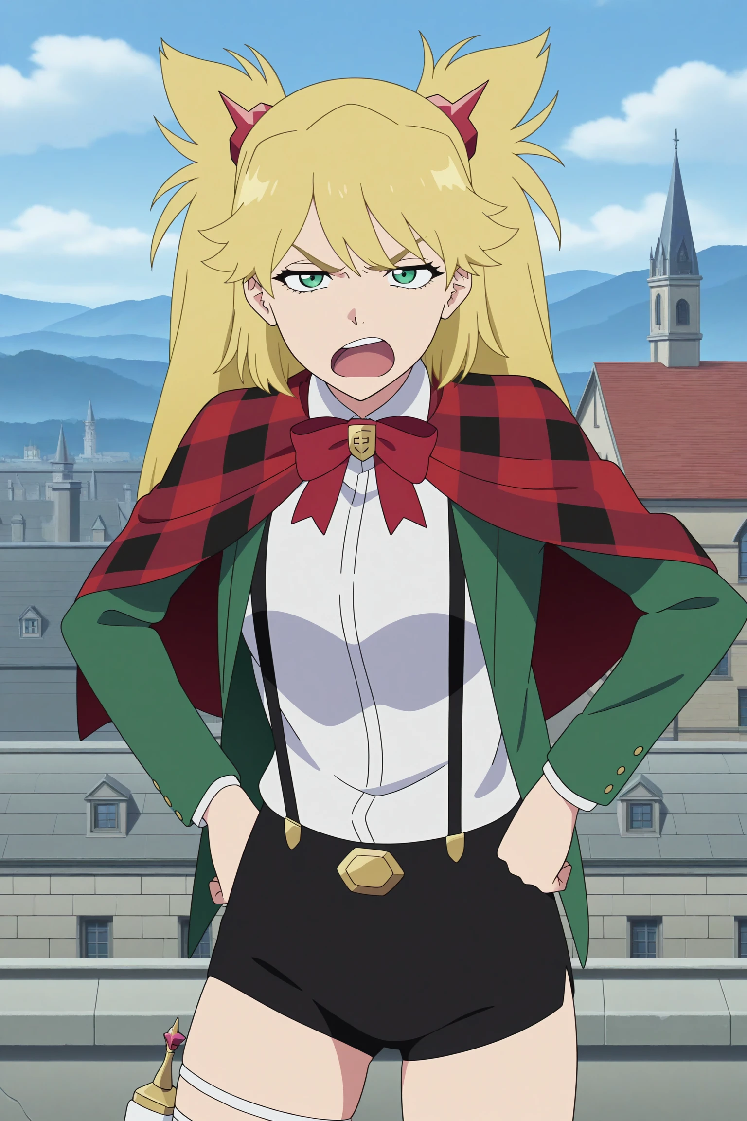 masterpiece, best quality, amazing quality, highres, absurdres, very aesthetic, high resolution, ultra detailed, perfect details, 1girl, looking at viewer, outdoors, european architecture, ninny spangcole, blonde hair, long hair, two side up, hair ornament, green eyes, green jacket, open jacket, white shirt, collared shirt, red bowtie, red capelet, plaid capelet, suspenders, black shorts, short shorts, white thigh holster, black footwear, thigh boots, <lora:Ninny_Spangcole_ILXL:0.8>, (aged up:1.2), (cowboy shot:1.5), (day:1.3), anime coloring, (anime screencap:1.5), open mouth, (annoyed:1.5), angry, (pose:1.2)