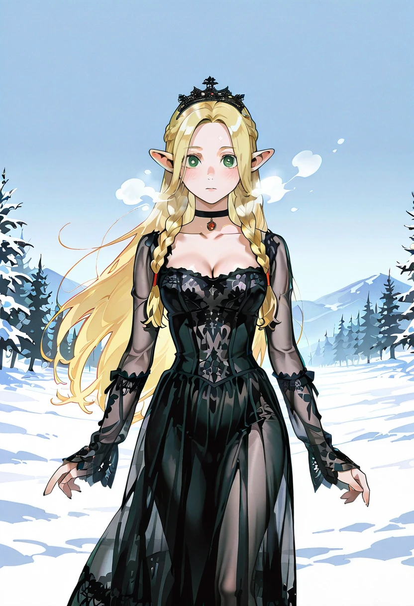 1girl,solo,looking at viewer,ikeda ruriko,sg dress, see-though, choker,black dress, crown, marcille_donato,snow,