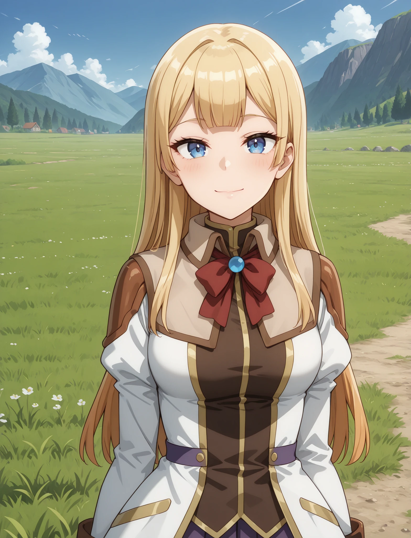 masterpiece, best quality, newest, absurdres, highres, 1girl, solo, <lora:MLF-Sif_ILL_epoch_12:1> sif-mlf, long hair, blonde hair, blue eyes, 
sif-default-outfit, 
happy, grass, outdoors, closed mouth,