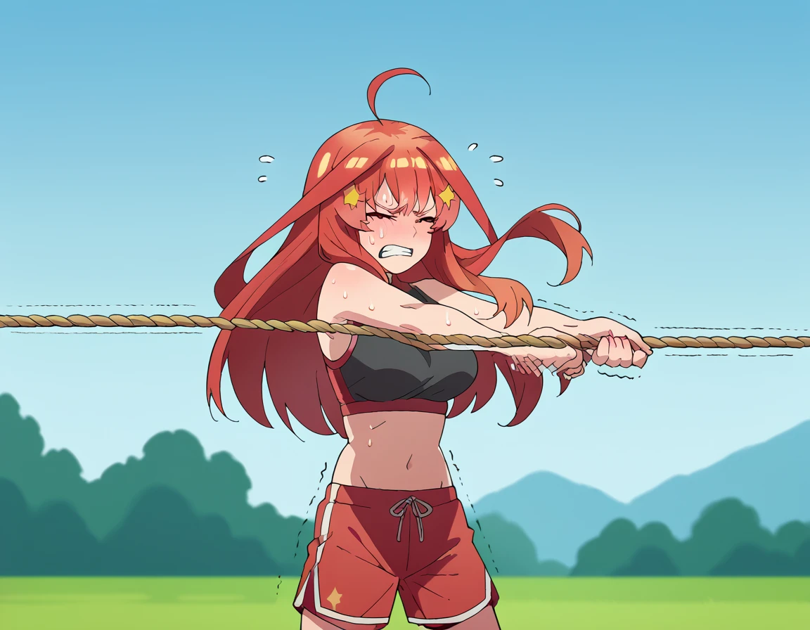 score_9, score_8_up, score_7_up, source_anime, <lora:itsuki-nakano-s2-ponyxl-lora-nochekaiser:1>, itsuki nakano, bangs, long hair, ahoge, red hair, star (symbol), hair ornament, star hair ornament, large breasts, <lora:tug-of-war-ponyxl-lora-nochekaiser:1>, tug of war, flying sweatdrops, pulling, outdoors, rope, struggling, trembling, teeth, sweat, closed eyes, , sports bra, sportswear, midriff, navel, shorts, solo,