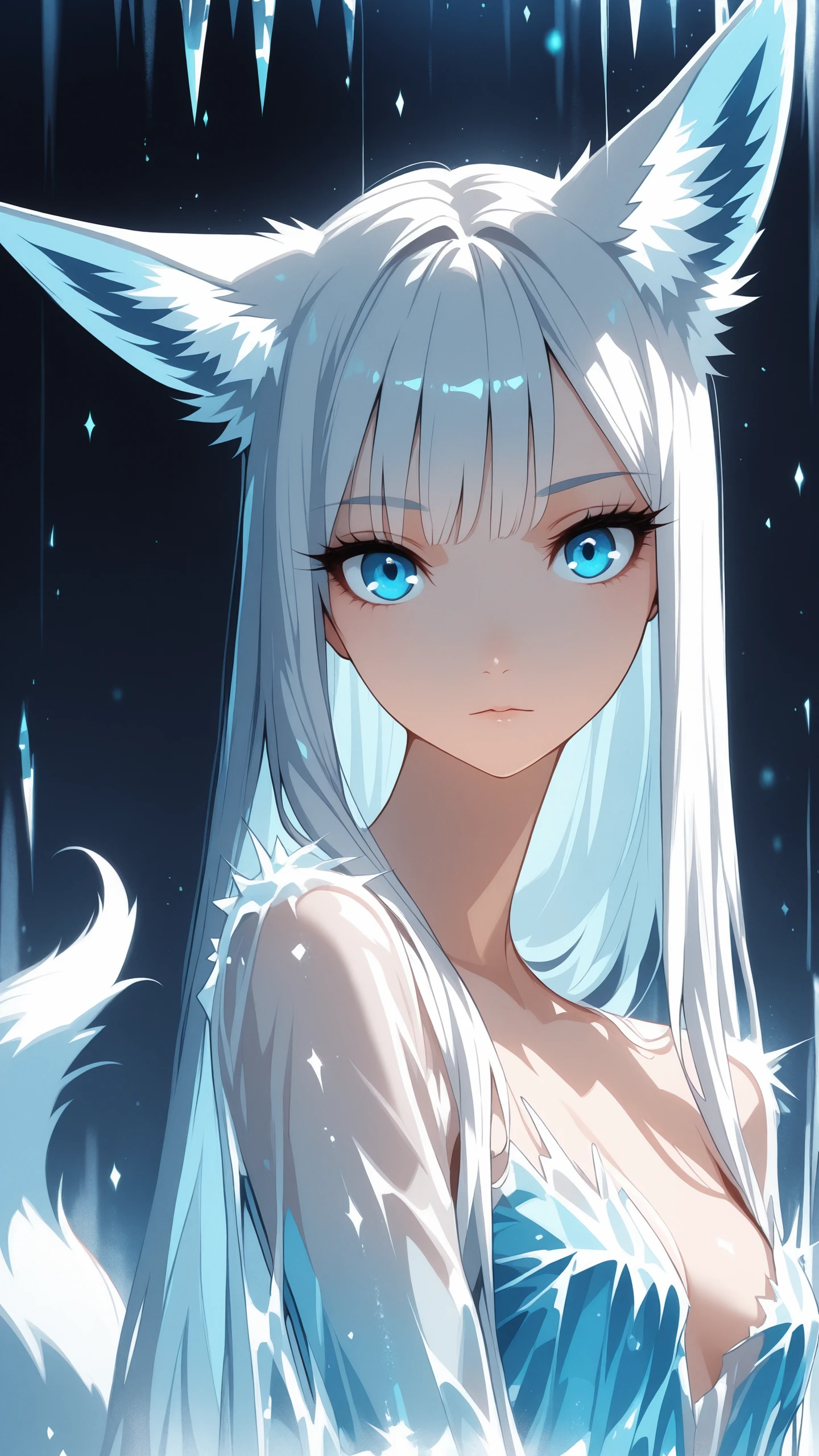 fox ears, woman, frozen, eyelashes, straight hair, blue eyes, detailed eyeshadows, dark light, looking at viewer, upper body, multiple fox tails, <lora:reij-dq:0.8>