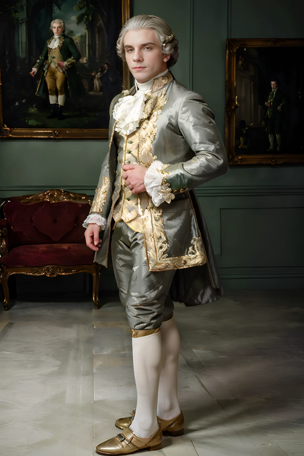 18th century French rococo style salon, high ceiling, standing, dignified, slight smile, (DougAcre) is French nobleman, W16hsL1ps, historical wig, grey hair, dark green open coat, pale yellow waistcoat, pale yellow (breeches) pants, white stockings, shoes, (((full body portrait))), wide angle, <lora:18th_Century_man_V0:0.65> <lora:DougAcre:0.85>