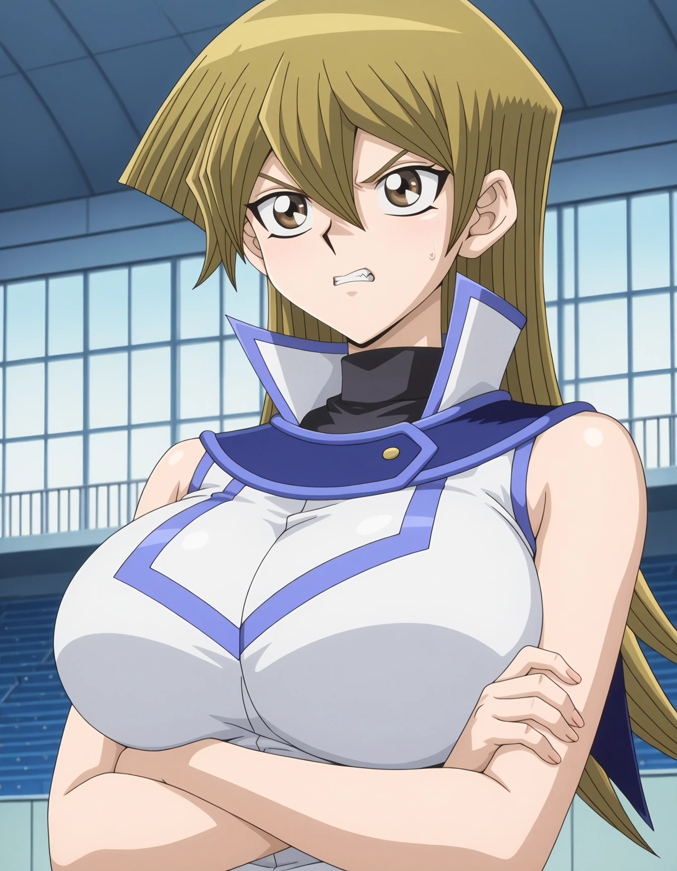 amazing quality,very aesthetic,absurdres,best quality,newest,masterpiece,4k resolution,1girl,solo,<lora:anime_screencap-Illustrious:1>,anime screencap,<lora:Asuka_Tenjoin_Noob_Lora:0.8>,AsukaT,blonde hair,brown eyes,cute anime eyes,hair between eyes,huge breasts,yu-gi-oh! gx,school uniform,duel academy uniform,long hair,turtle neck,sleeveless,crossed arms,upper body,indoors,duel academy stadium,angry look,