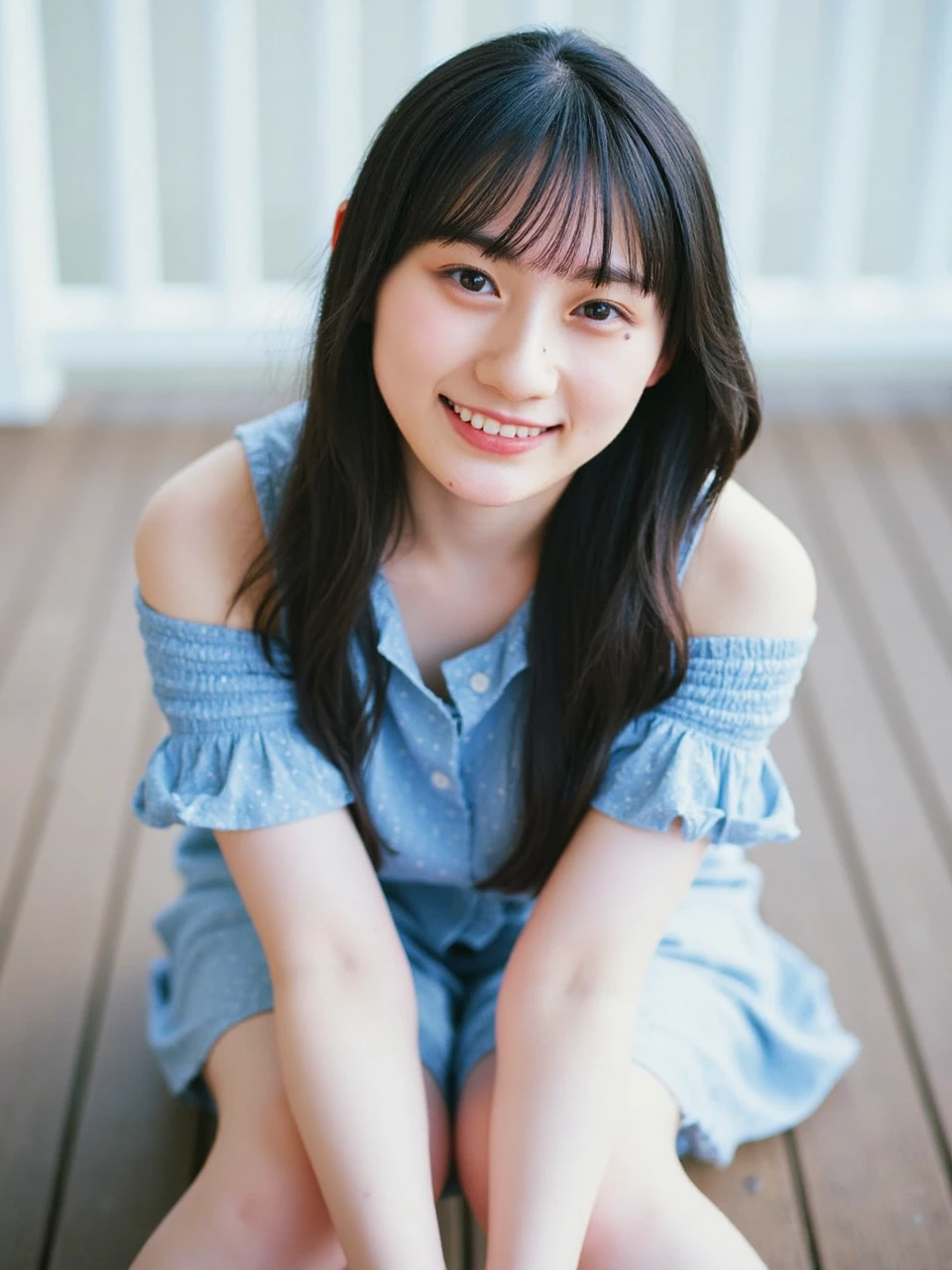 The image is a portrait of a young woman named sakutan sitting on a wooden bench. Snow-white skin. She is wearing a blue dress with white polka dots and white sandals. Her long dark hair is styled in loose waves and falls over her shoulders, and bangs. She has a slight smile on her face and is looking directly at the camera. The background is blurred, but it appears to be an outdoor setting with a wooden floor and a white railing. The overall mood of the image is peaceful and serene. High quality photography. 