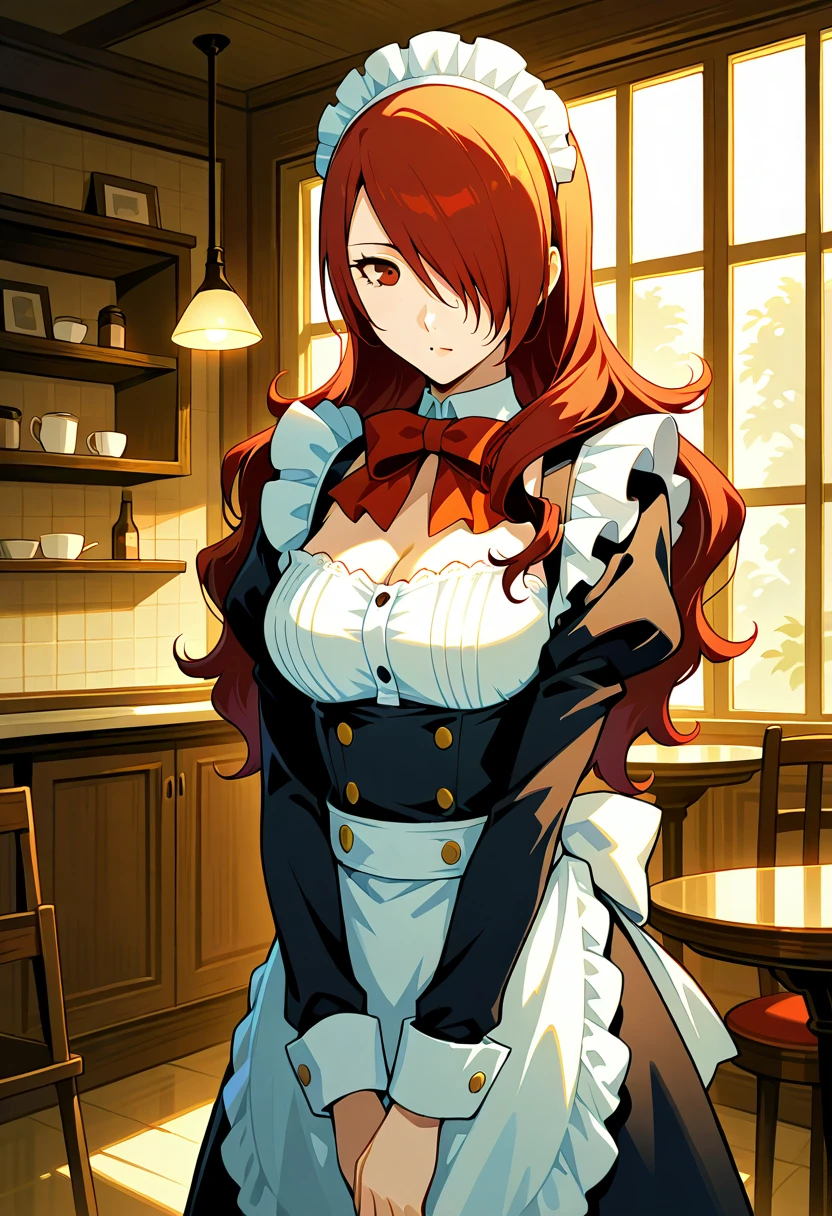 1 girl, solo, cute face,
p3mitsuru, long hair, hair over one eye, 
maid dress, cleavage, broad lighting, indoors, cafe, cowboy shot 
masterpiece, best quality, ultra detailed,