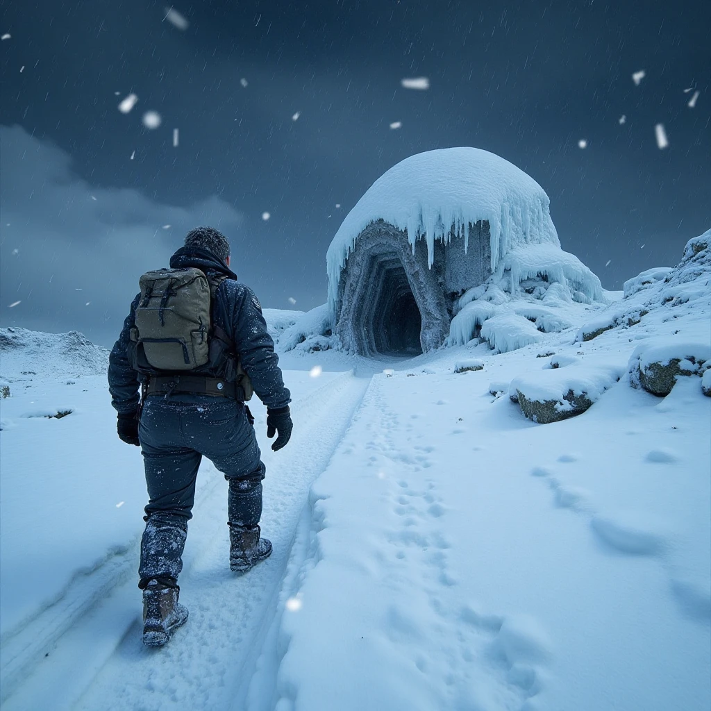 Cameron Mitchell in a winter landscape, trekking through deep snow towards an ancient alien structure partially buried in ice. The sky is dark, with swirling snowflakes adding to the scene's mystery and danger. Mitchell is determined, pushing forward despite the harsh conditions.