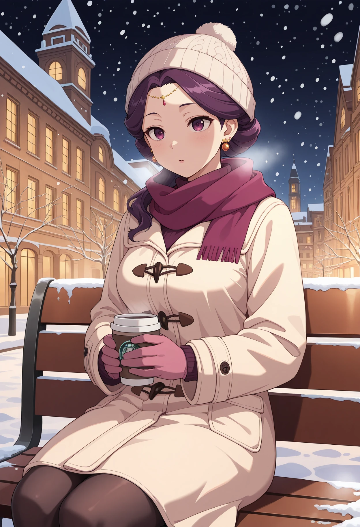 masterpiece, best quality, amazing quality, very aesthetic, intricate details, highly detailed background,<BREAK> 1girl, solo,
<lora:Yinghua_The_Apothecary_Diaries_IL_V1:1>, KJOyinghua, purple hair, purple eyes, updo, earrings, hair over shoulder, yellow forehead jewelry,
winter clothes, duffel coat, scarf, beanie, gloves, pantyhose, sitting on bench, outdoors, city, european architecture, holding cup, coffee cup, night, snowing,
(Beautiful, medium Breasts:1.2), mature female,