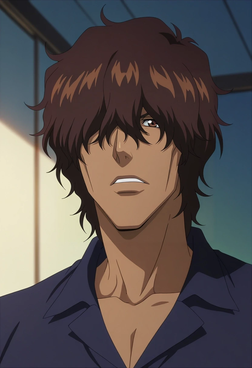 masterpiece, best quality, , anime screencap, anime coloring, official style, , depth of field, 1boy, solo, male focus, <lora:yasutora_sado_ilxl:0.96>, yasutora_sado, brown hair, brown eyes, short hair, dark-skinned male, dark skin, , hair over eyes, ,