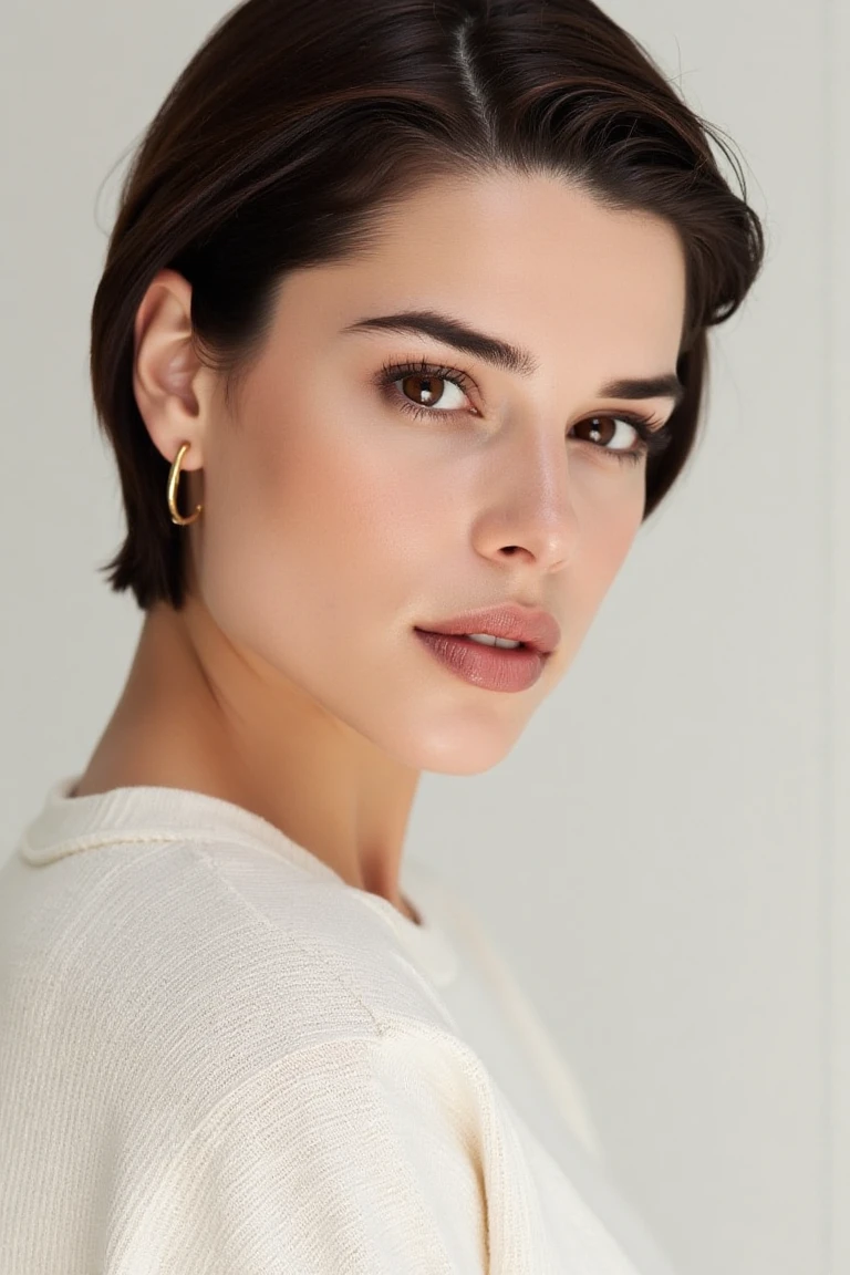 "A clean, minimalist portrait of a confident woman with striking eyes and a calm expression. She is wearing a light-colored sweater and gold hoop earrings that add a subtle touch of elegance. Her short hair is neatly styled in a sleek manner, complementing the simplicity of the composition. The soft, diffused lighting highlights her flawless skin and natural beauty, while the neutral background emphasizes her serene and sophisticated demeanor."