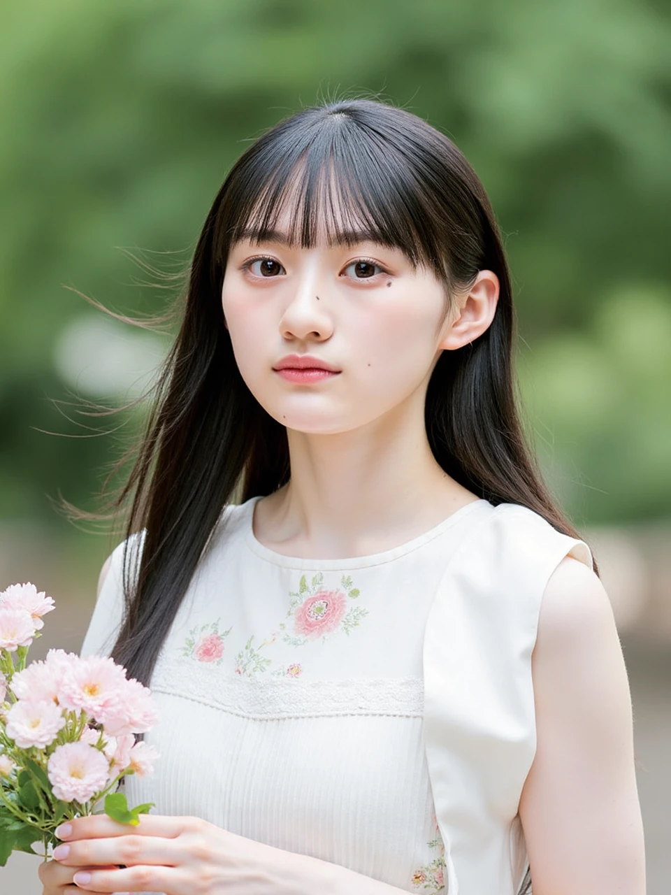 The image is a portrait of a young woman named sakutan. She has Smooth long hair with bangs and Snow-white skin. She is wearing a white dress with a floral print and is holding a bunch of pink flowers in her right hand. The woman is looking directly at the camera with a serious expression on her face. The background is blurred, but it appears to be an outdoor setting with trees and greenery. The overall mood of the image is peaceful and serene. The overall color of the image is bright and soft. 