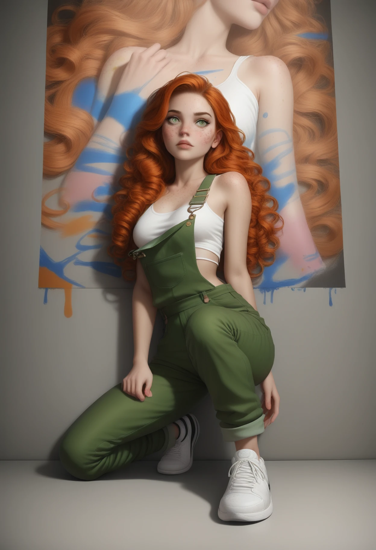 ((masterpiece, best quality, absurdres)),
1girl, solo, green overalls, white crop top, white sneakers, paint splatter on clothes, artist painter, wall, mural,
 <lora:Dark_Erin_Illust_v1:0.7> d4rk3r1n, orange hair, green eyes,