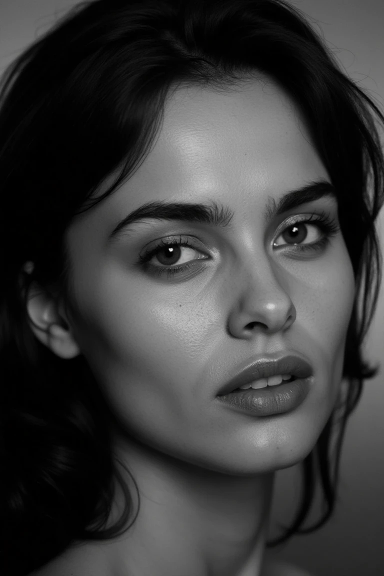 A black and white portrait of izaflx, inspired by Peter Lindbergh, features a woman looking directly into the camera with an intimate, emotionally vulnerable expression. Soft lighting accentuates her face's lines, textures, and natural imperfections, with no makeup, relaxed lips, and eyes conveying depth, strength, and fragility. Her skin texture is faithfully captured, with small imperfections, showcasing real beauty without touch-ups or filters. The simple, out-of-focus background and minimal depth of field create a raw, emotional environment, conveying humanity, authenticity, and emotional connection, with the woman appearing strong yet accessible.