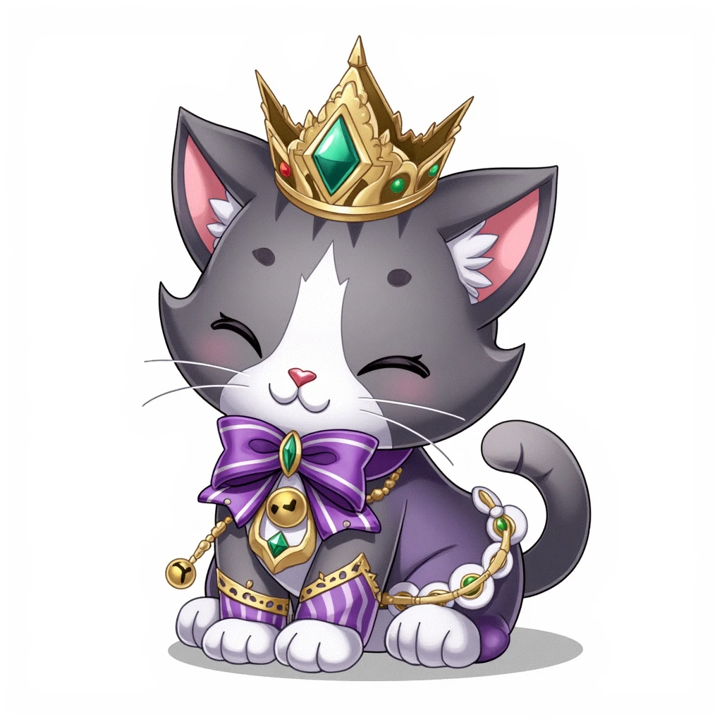 gmic_\(rishiwuqi\), a cartoon cat dressed in purple with a golden crown on her head, purple bow and gold bells, and an emerald ring on her tail, cat, grey background, jewelry, simple background,((( White background, simple background))),masterpiece,best quality,great quality,good quality,