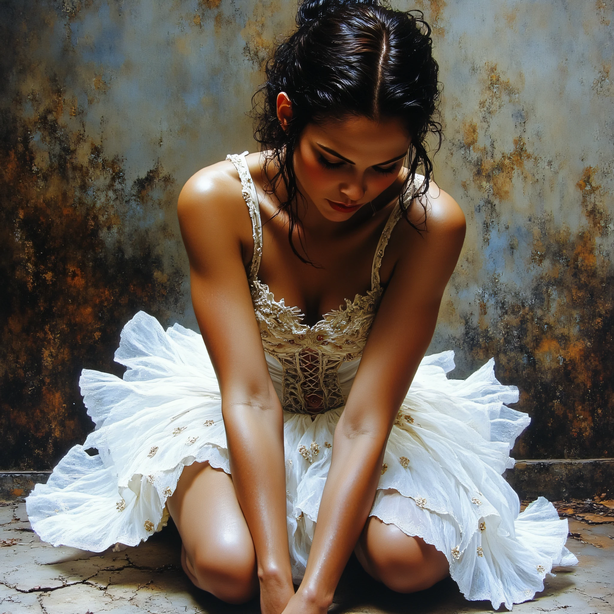 ArsMJStyle, Etherial Gothic, The image shows a painting of a woman in a white tutu sitting on the ground with a wall in the background. Her face is clearly visible with her eyes closed and her lips slightly parted. Her hair is pulled back in a bun and she is wearing a delicate white dress with a pattern of small flowers., 1girl, solo, realistic, sitting, pantyhose, ballerina, dark skin, dark-skinned female, bare shoulders, makeup