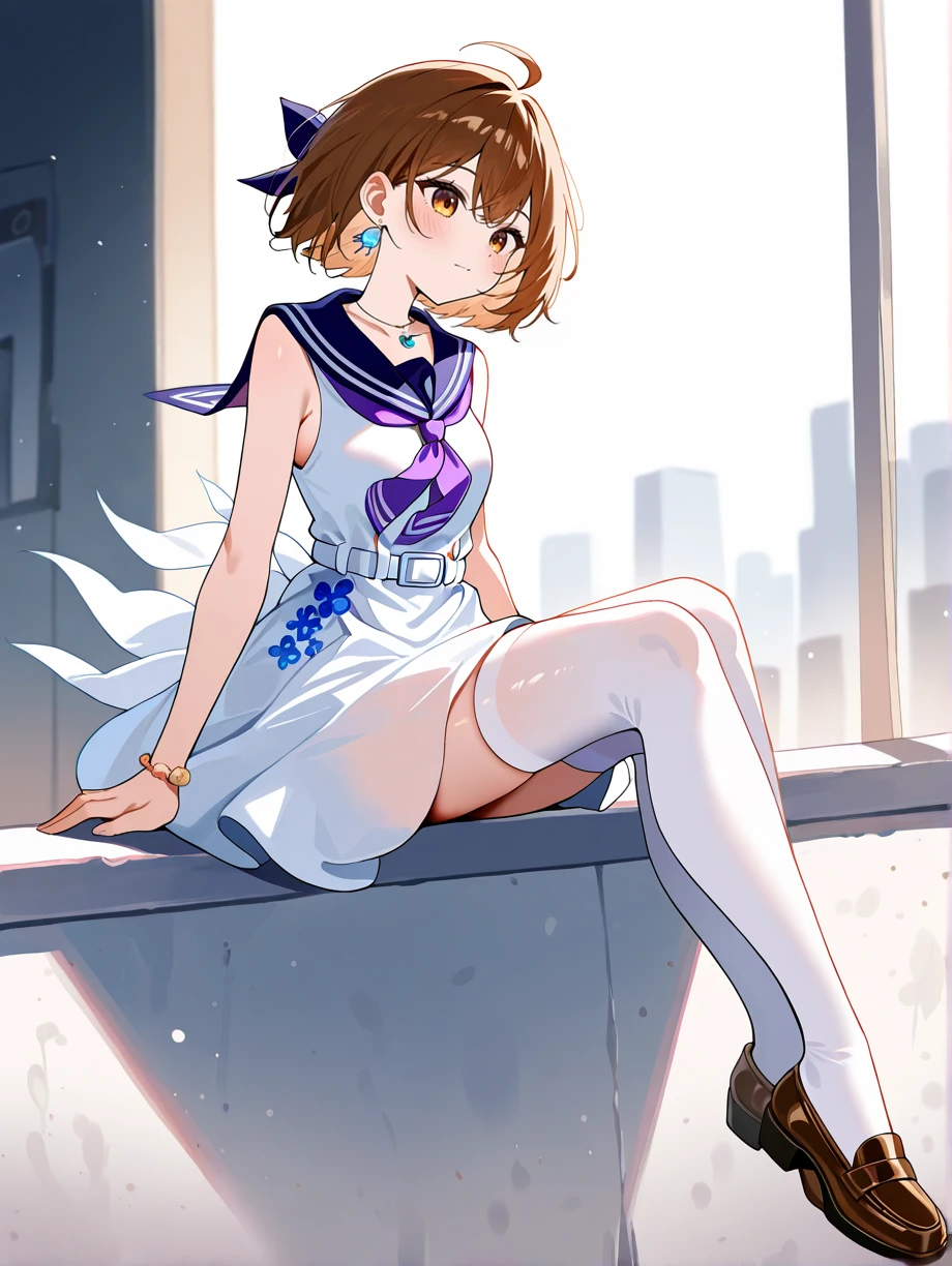 1girl,solo,hanser0515,dress, brown hair, thighhighs, jewelry,ahoge, white dress, bracelet, brown footwear, white thighhighs, short hair, sailor collar,, shoes, sailor dress, sleeveless, earrings, brown eyes, sitting, full body, necklace, loafers, virtual youtuber, sleeveless dress, necktie, purple necktie, closed mouth, neckerchief,<lora:hanser0515-000040:1>