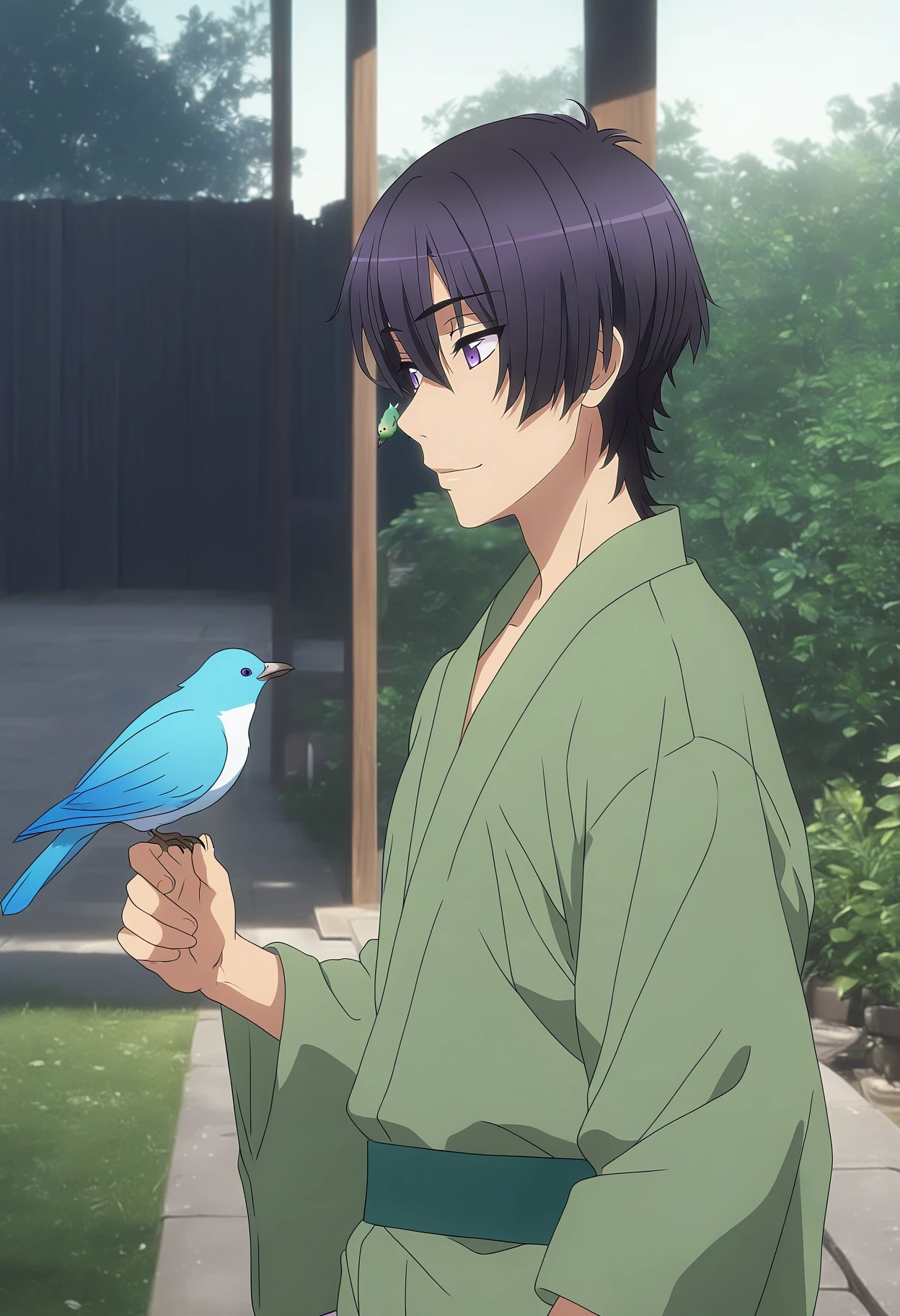 masterpiece, best quality, 1boy, solo, <lora:NSIchijoRyomaLoveStage:1> NSIchijoLuvStaig, black hair, purple eyes, hair between eyes, green yukata, walking, birds, outdoors, garden, from side, light smile, bird in hand