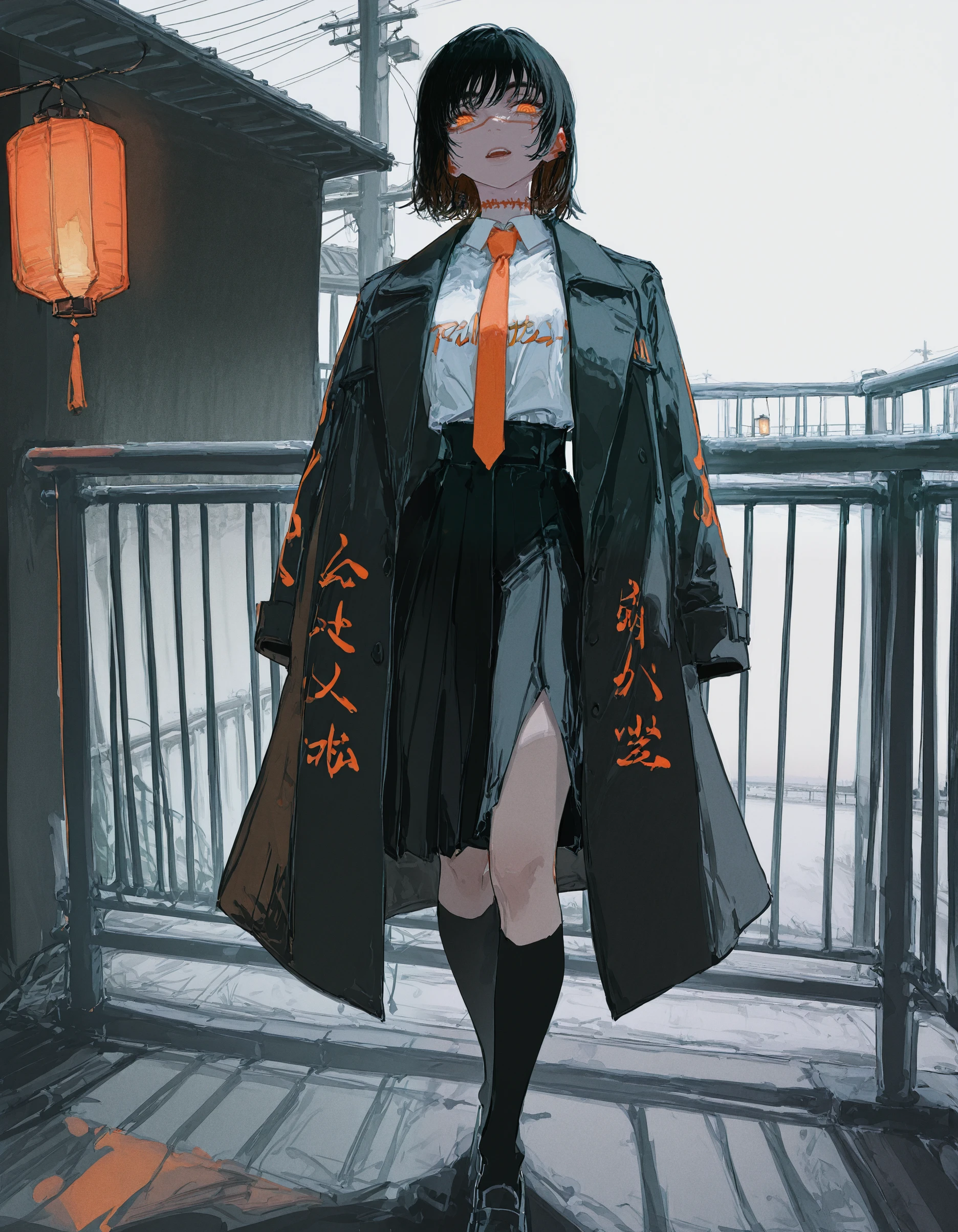 masterpiece, best quality, amazing quality, very aesthetic, absurdres,  newest,<lora:tokko-fuku:1>,<lora:Rolua_N:1>,Rolua_N,clothes writing,detailed text,big text, coat, <lora:69yottea_illu_v2:1>,69yottea_illu, yoru \(chainsaw man\), 1girl, skirt, black hair, lantern, solo, railing, jacket, socks, short hair, black skirt, shirt, kneehighs, orange necktie, white shirt,white_sky,dark_theme,