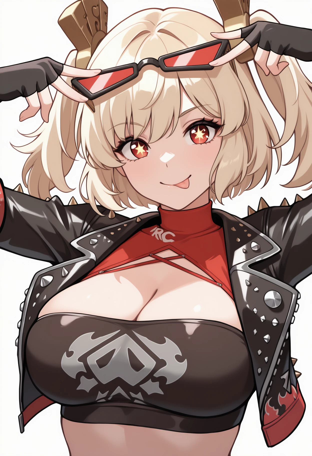 masterpiece, best quality, upper body, solo, 1girl, brncwht, aihsnpose, smile, tongue out, double v, star-shaped pupils, red eyes, blonde hair, medium hair, twintails, hair ornament, large breasts, eyewear on head, sunglasses, black jacket, spiked jacket, leather jacket, cropped jacket, open jacket, red turtleneck, halterneck, two-tone tube top, black tube top, white tube top, cleavage, elbow gloves, fingerless gloves, black gloves