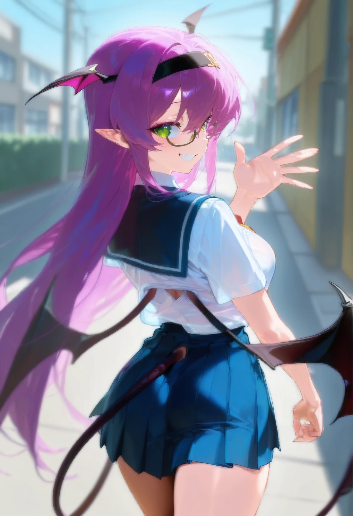 score_9_up, score_8_up,score_7_up, masterpiece, best quality, amazing quality, very aesthetic, 1girl, solo girl, outdoors, on street, walking, from behind looking back, cowboy shot, 
<lora:Lina_Purple_Pony:1>Lina Purple, purple haired deamon girl, long hair, bangs, hair between eyes, succubus tail, black glasses, green eyes, cat slit pupils, pointy ears, succubus wings on head, black headband, school uniform, smile, looking at viewer, waving, medium breasts,