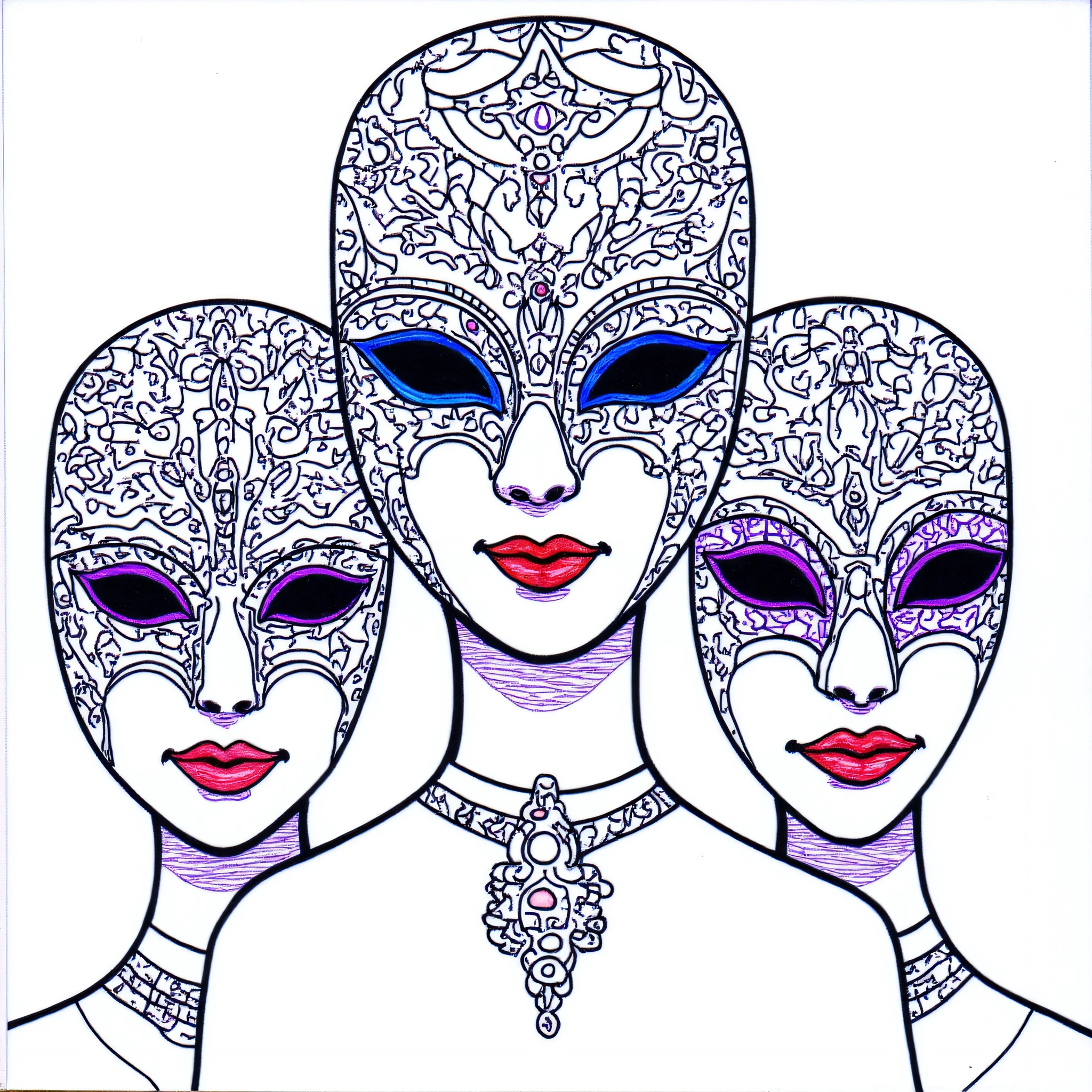 ArsMJStyle, Moonlit Minimalism, The image shows a drawing of three people wearing masks with intricate details and vibrant colors. The masks are arranged in a triangular formation with the tallest mask in the center and two smaller masks on either side. The colors used in the drawing are bright and vivid creating a striking contrast against the white background., makeup, lipstick, jewelry, sunglasses, looking at viewer, monochrome, white background, 3girls, multiple girls