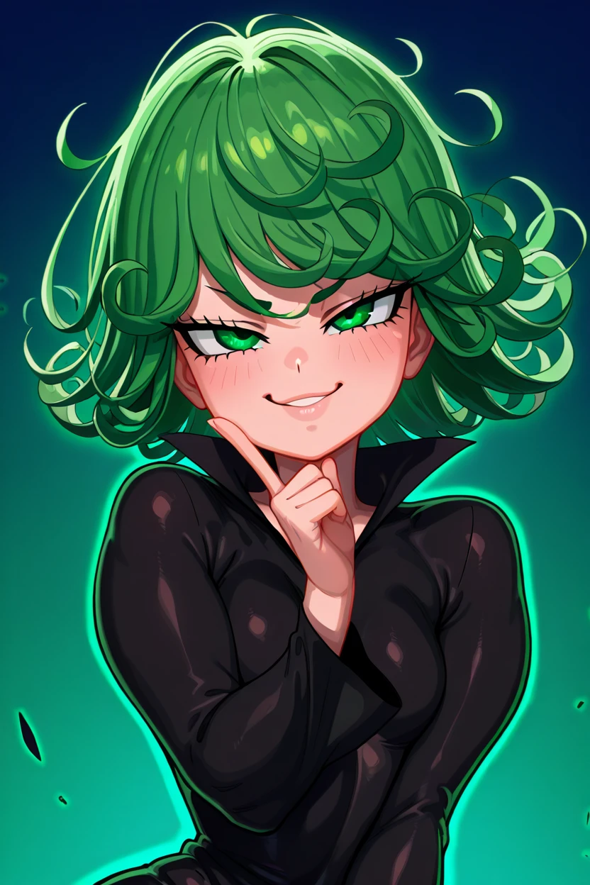 masterpiece, best quality, 1girl, solo, beautiful eyes, zzTatsumaki, green eyes, green hair, black dress, smile, smug, <lora:TatsumakiIXL:1.0>,<lora:TangobatIXL_v1:1.0>, upper body, smile, looking at viewer, shiny skin,